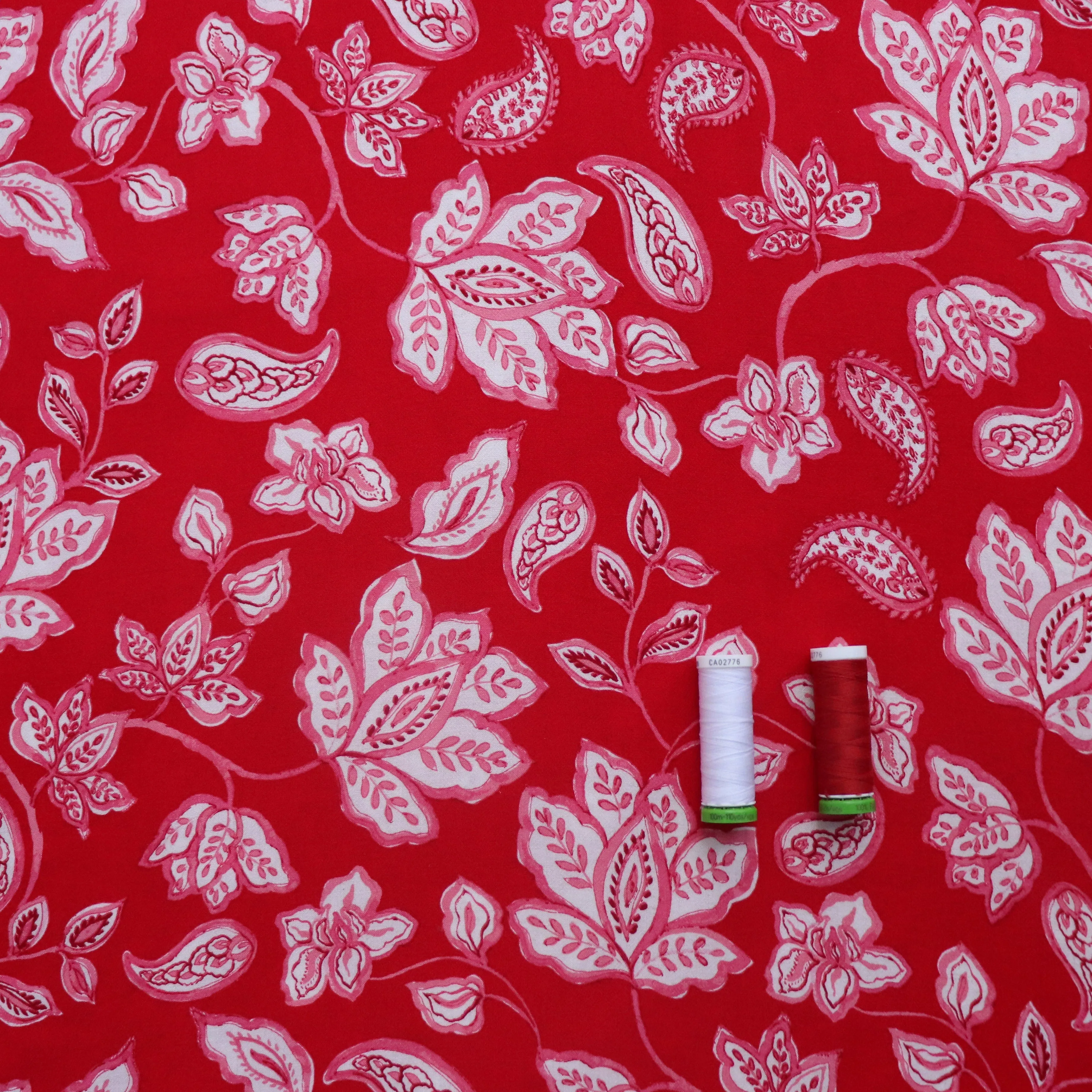 Linen Viscose - Block Print Artisan Floral - Red - END OF BOLT 28cm