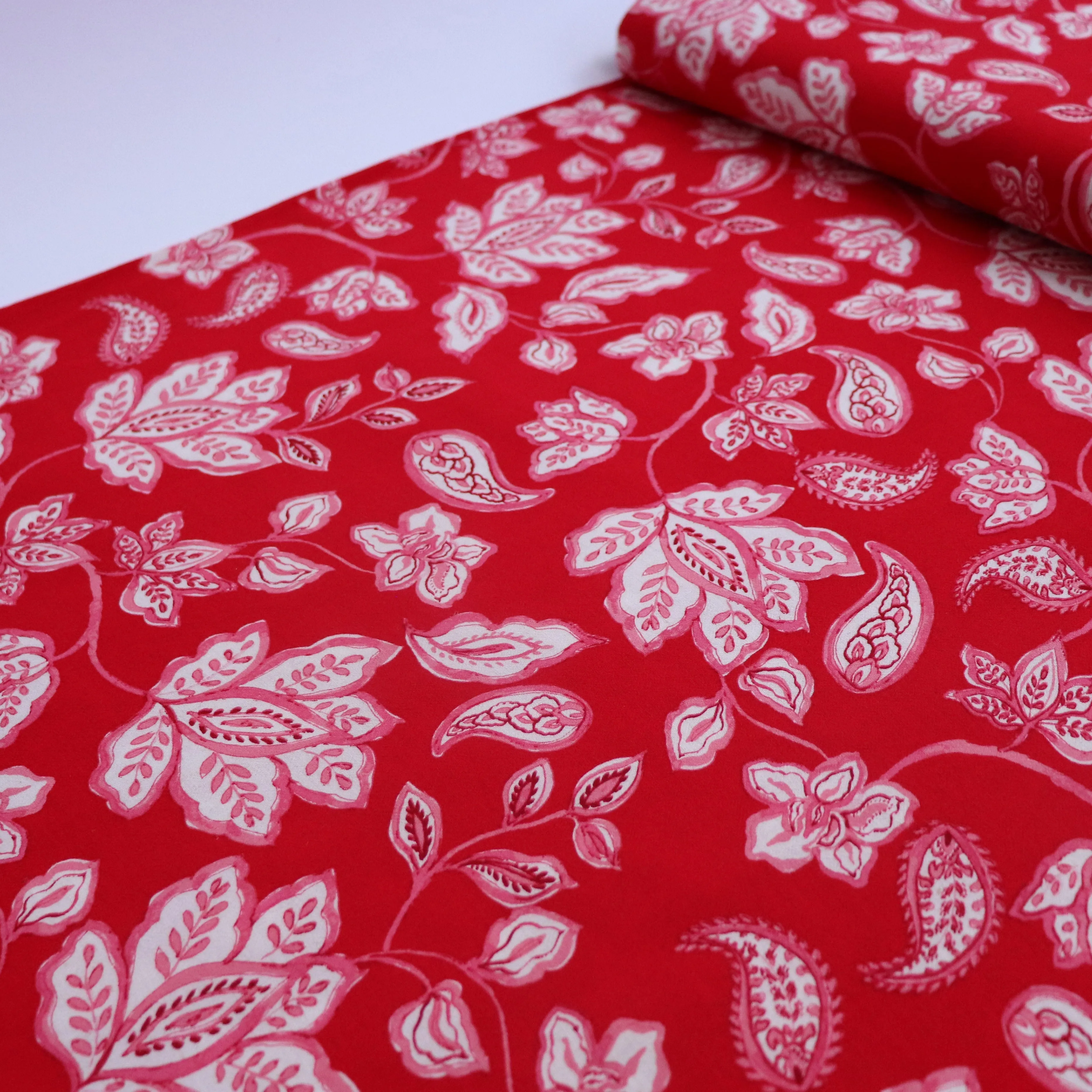 Linen Viscose - Block Print Artisan Floral - Red - END OF BOLT 28cm