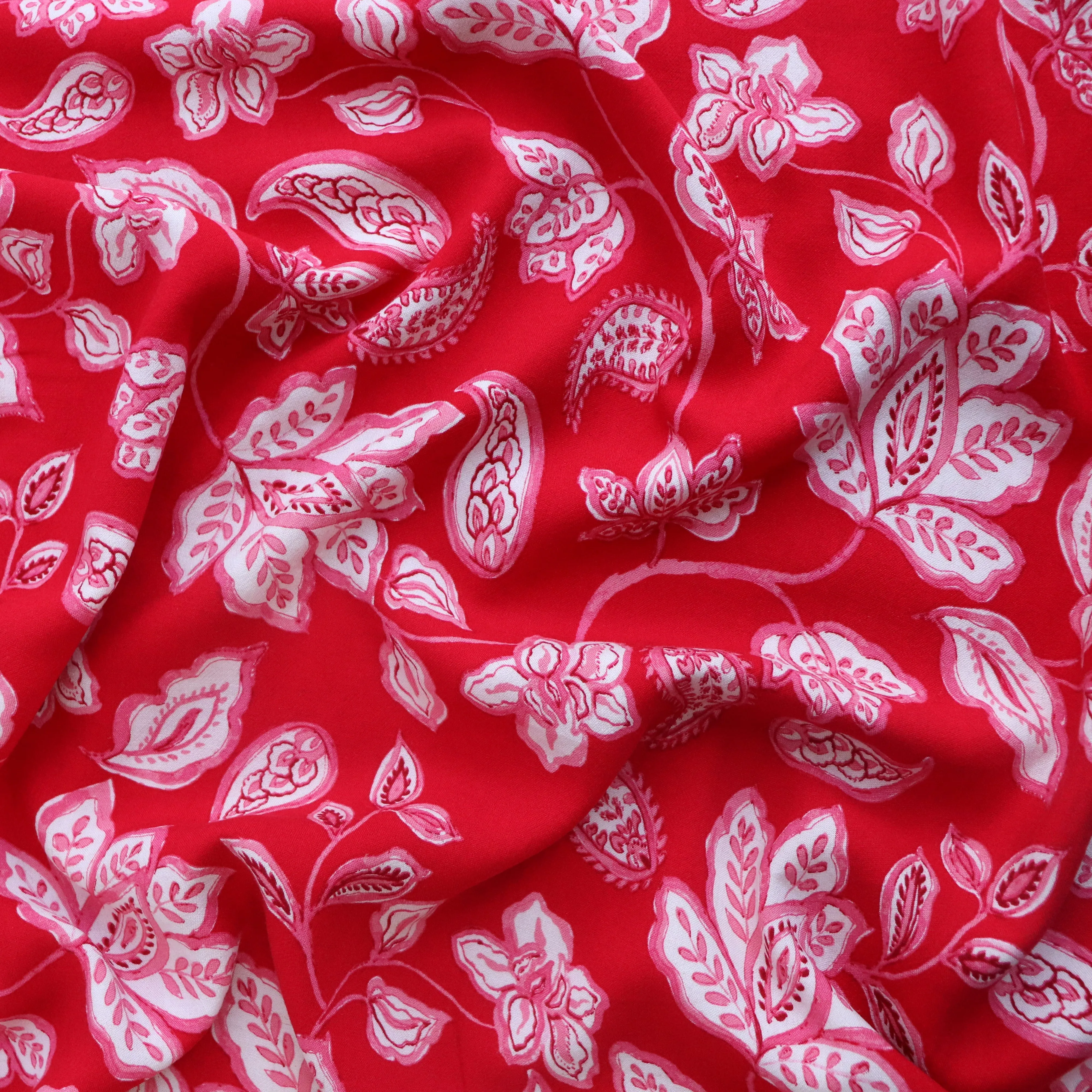 Linen Viscose - Block Print Artisan Floral - Red - END OF BOLT 28cm