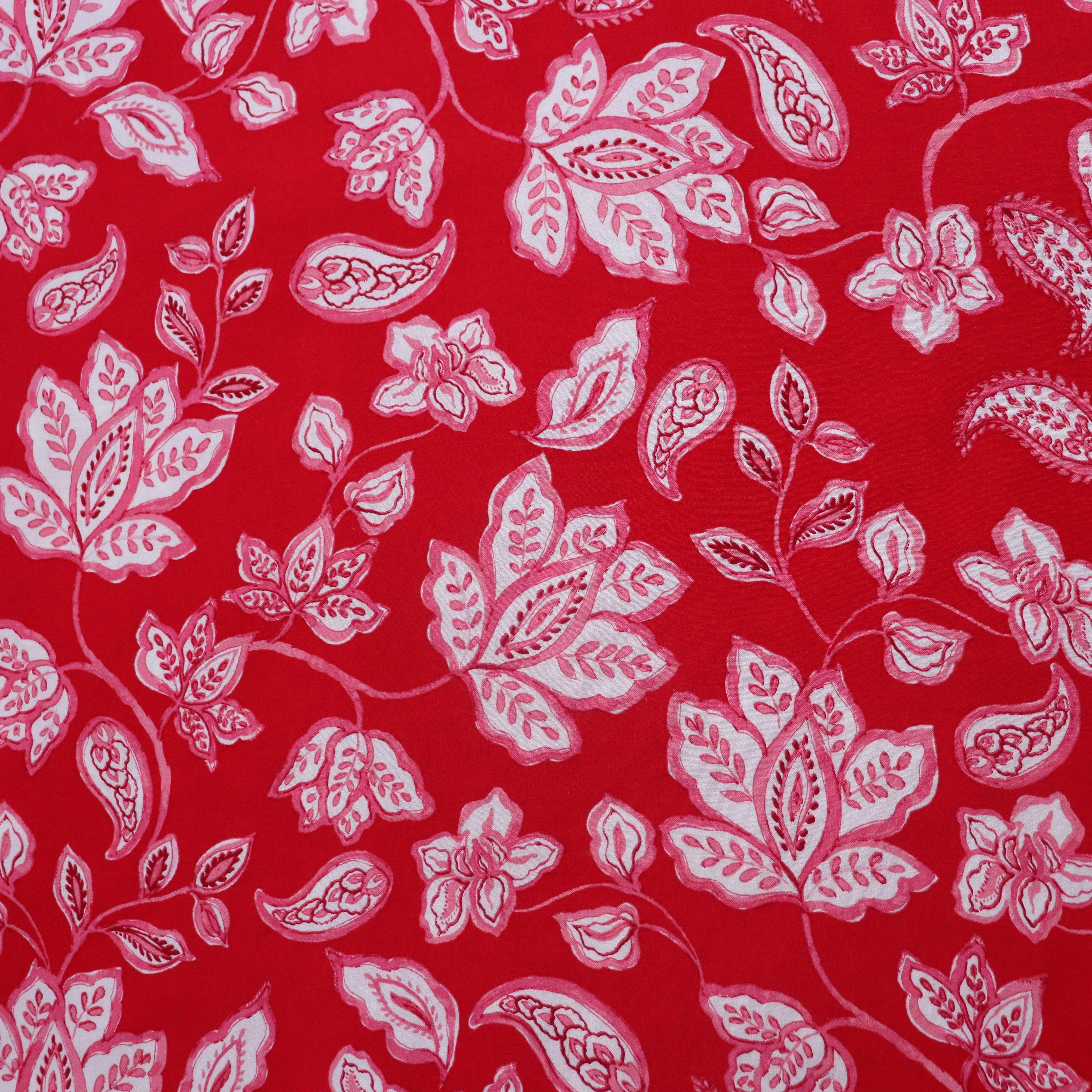 Linen Viscose - Block Print Artisan Floral - Red - END OF BOLT 28cm