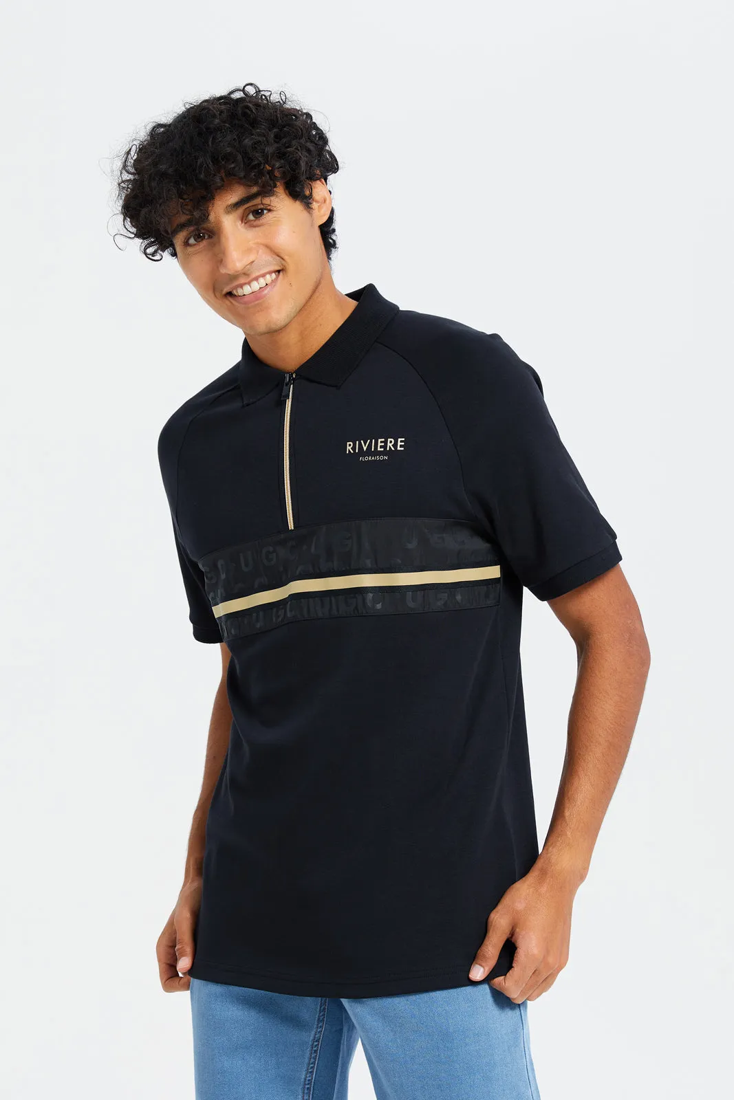 Men Black Zip Placket Polo Shirt