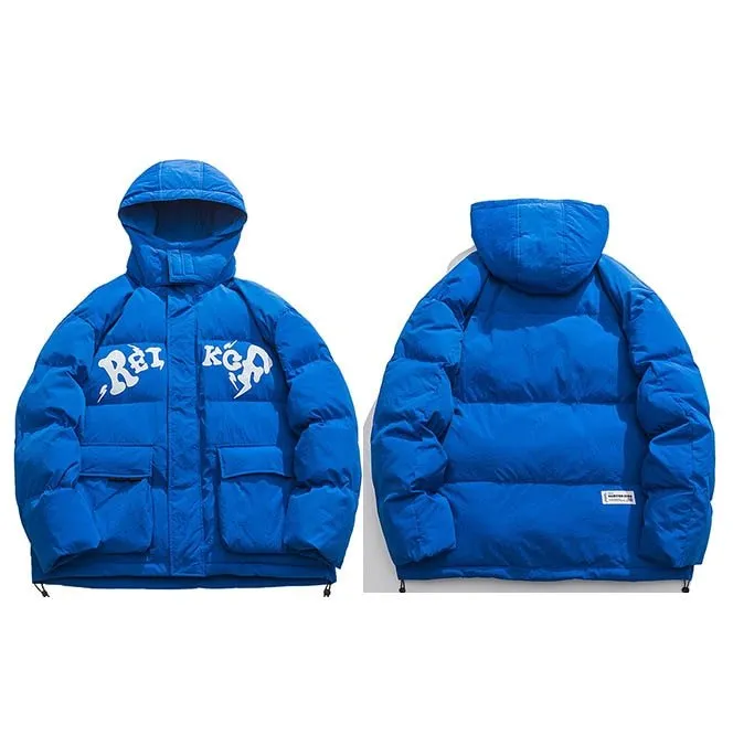 Men Blue Hooded Parka Jacket with Letter Graphic