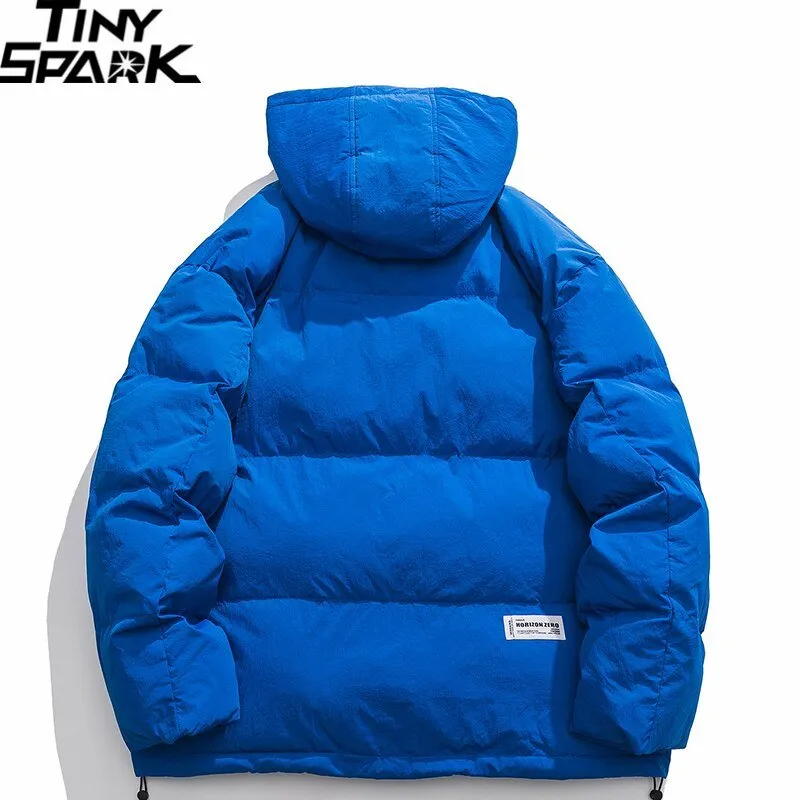 Men Blue Hooded Parka Jacket with Letter Graphic