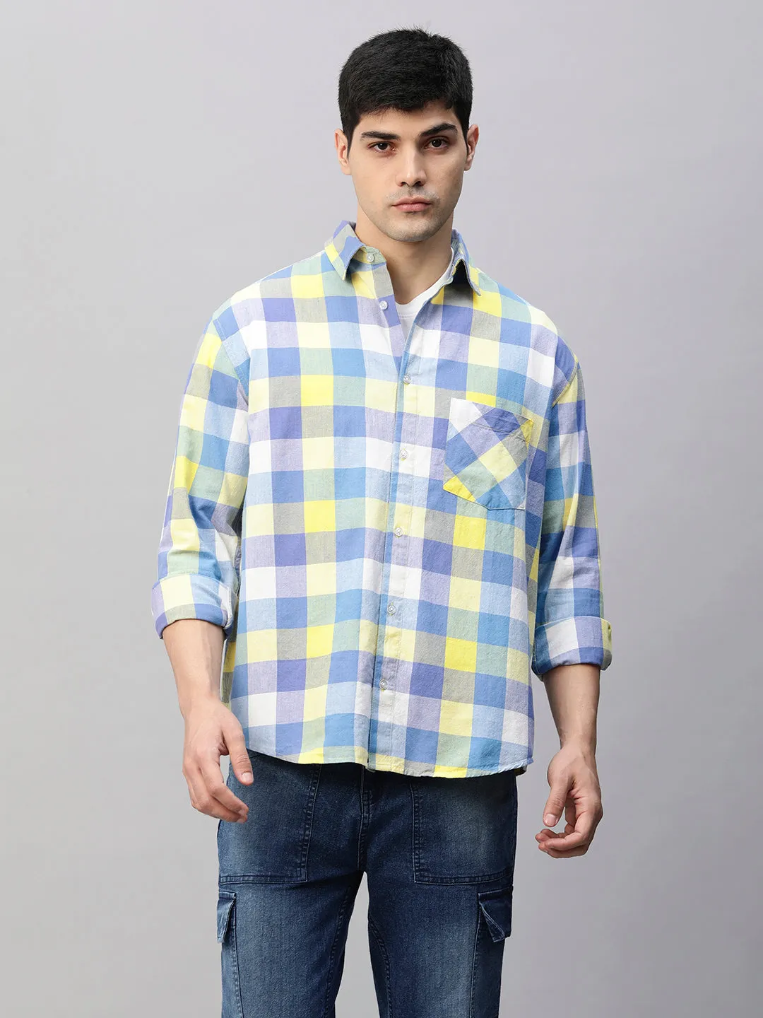 Mens Bright Block Plaid Relaxed Fit Shirt