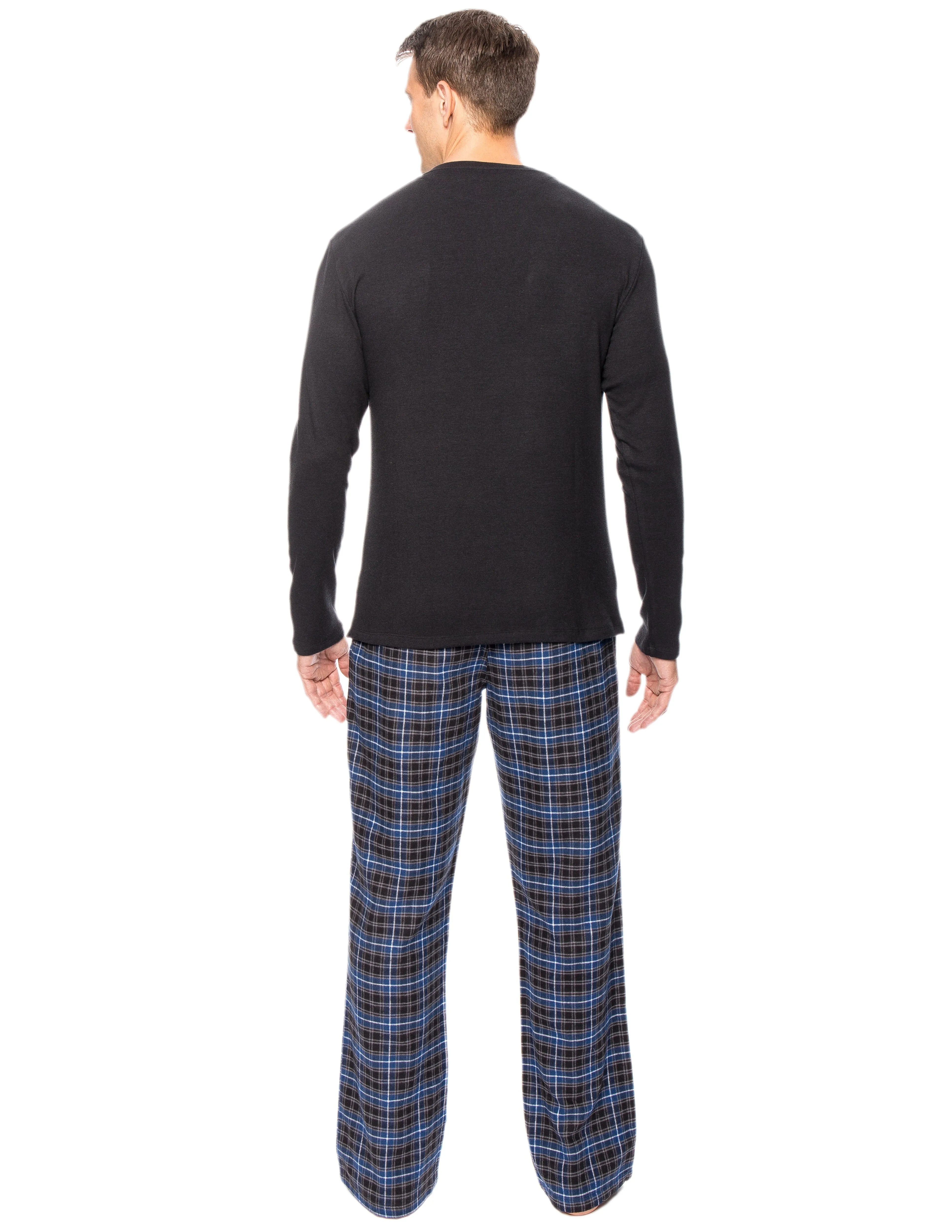 Mens Premium 100% Cotton Flannel Lounge Set - Plaid Navy/Black