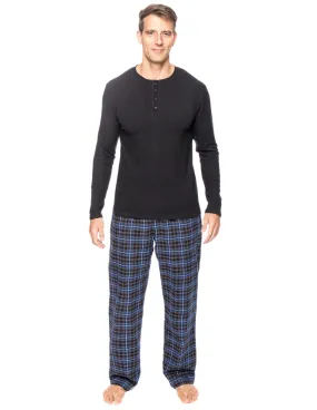 Mens Premium 100% Cotton Flannel Lounge Set - Plaid Navy/Black