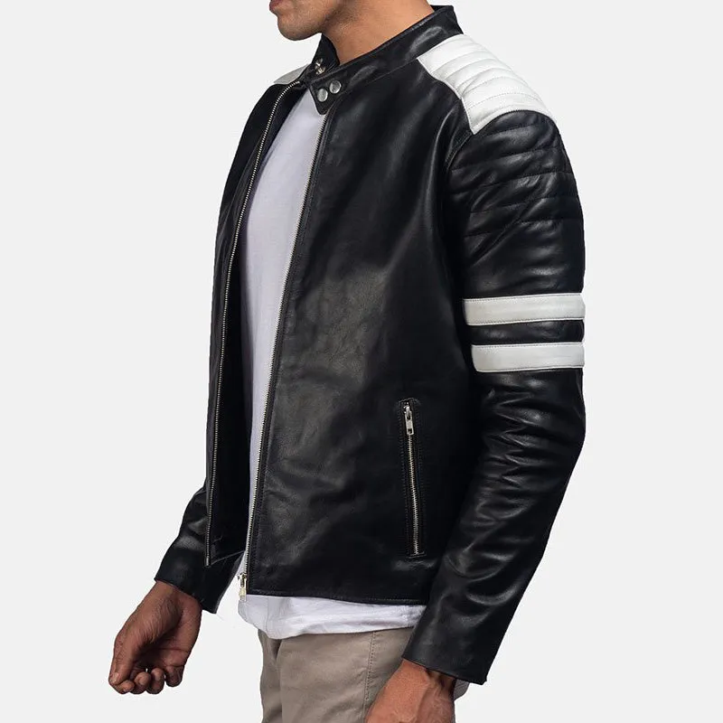 Men's White Stripes Leather Biker Jacket