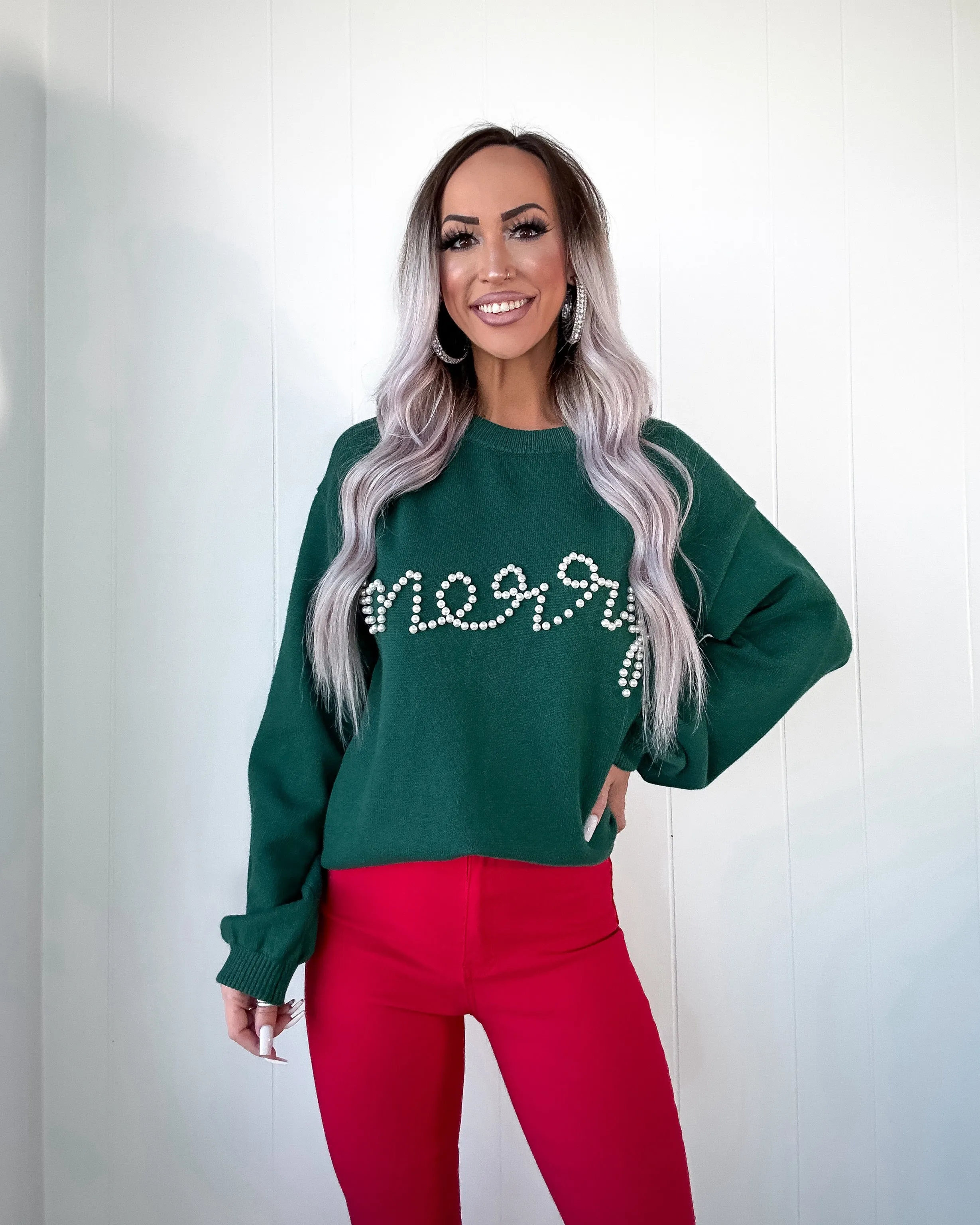 Merry Pearl Beaded Sweater - Green