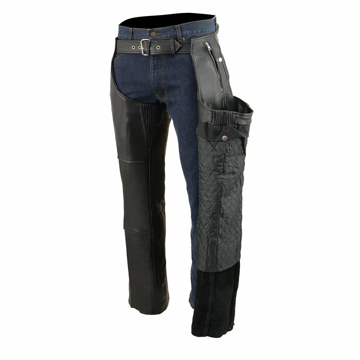 Milwaukee Leather Chaps for Men's Black Naked Leather Snap Out Thermal Lined - Four Pockets Motorcycle Chap- ML1191