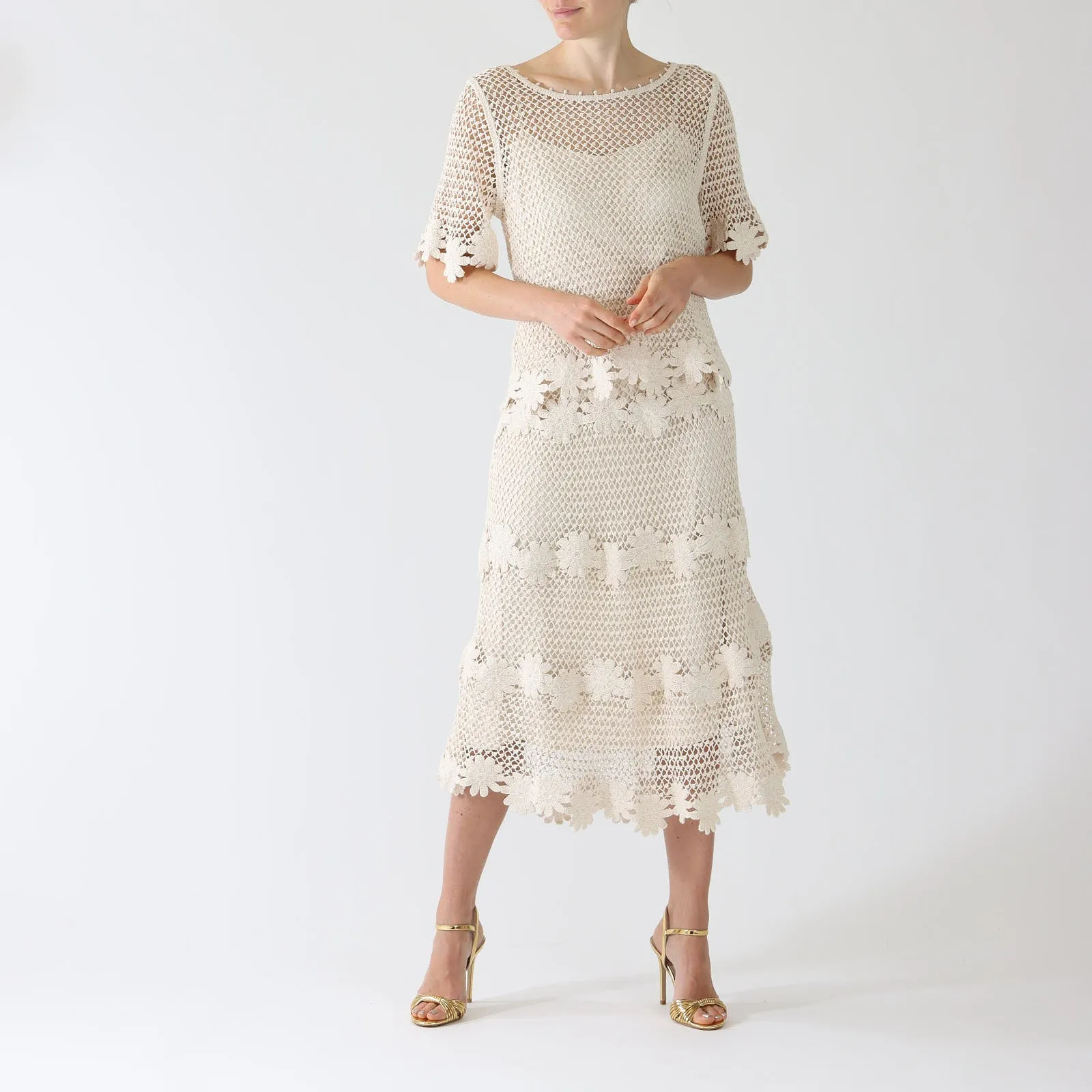 Natural Presley Crochet Knit Midi Skirt