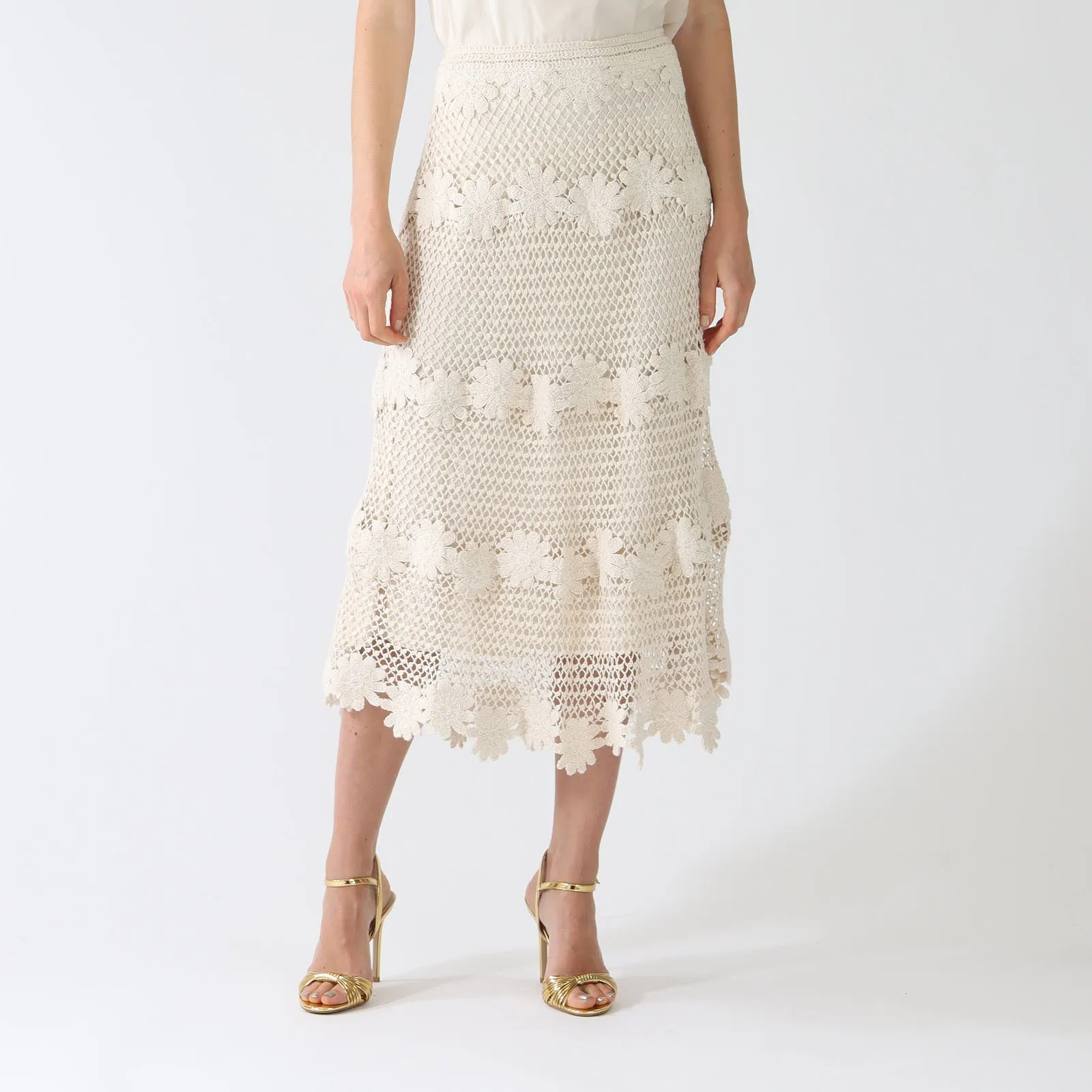 Natural Presley Crochet Knit Midi Skirt