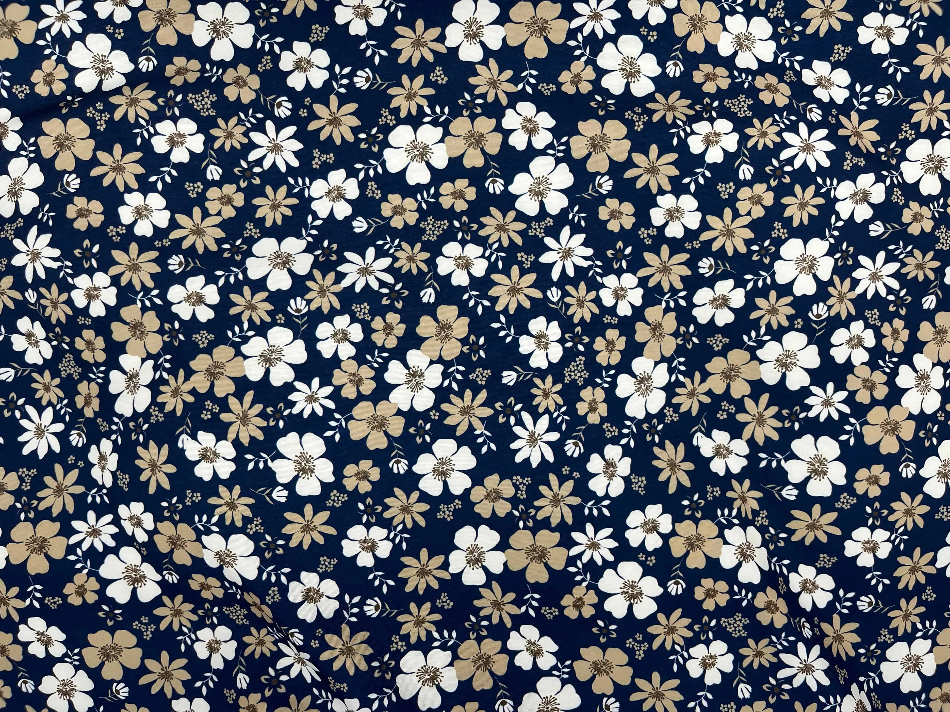 Navy Beige Floral - Printed Peachskin Fabric