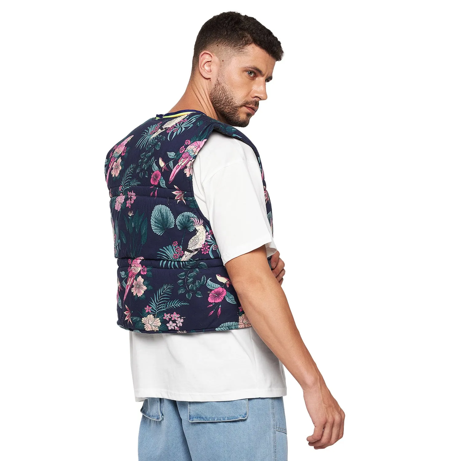 Navy Floral Print Sleeveless Puffer Jacket