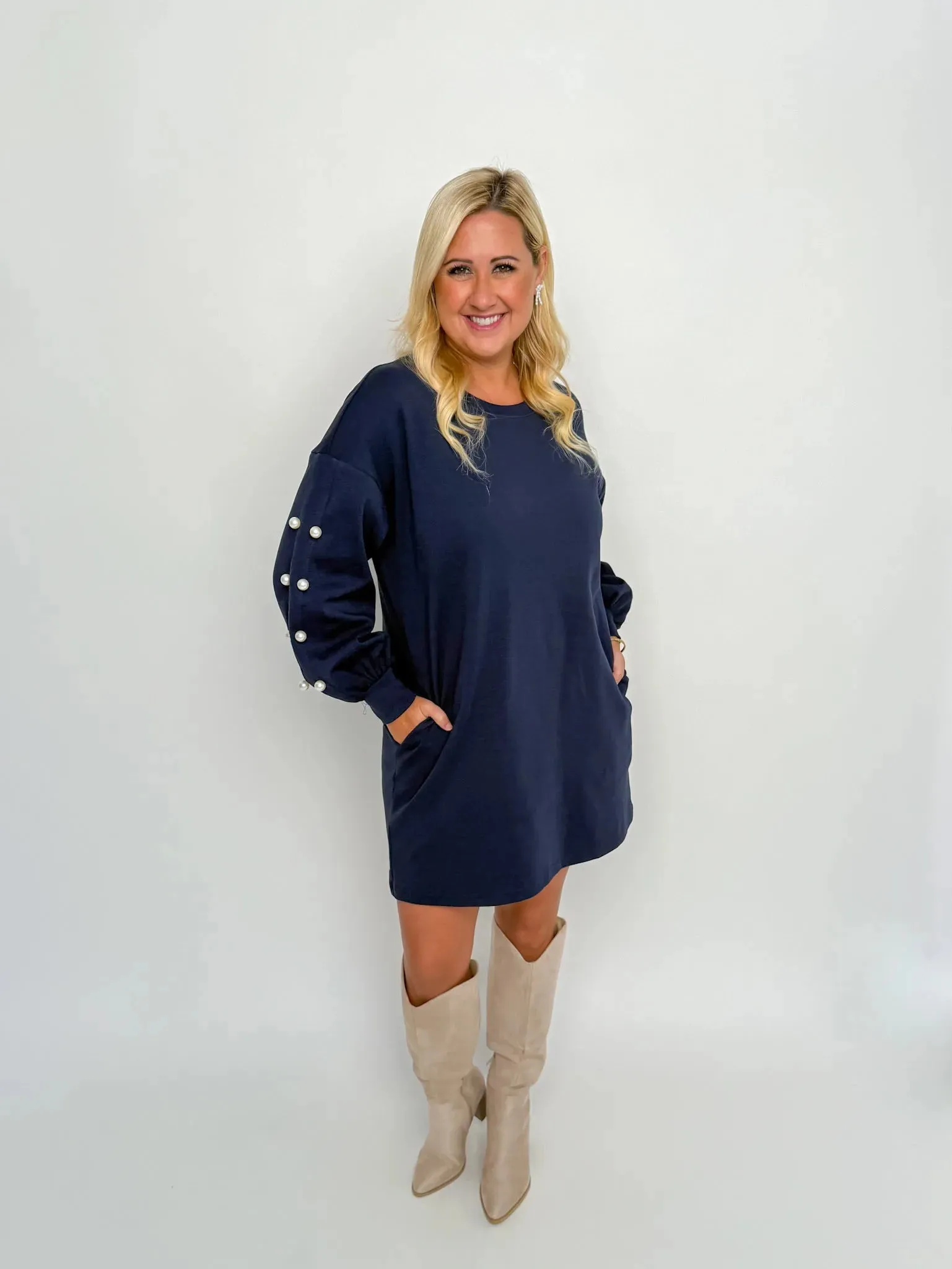 Navy Pearl Sleeve Sweater Dress