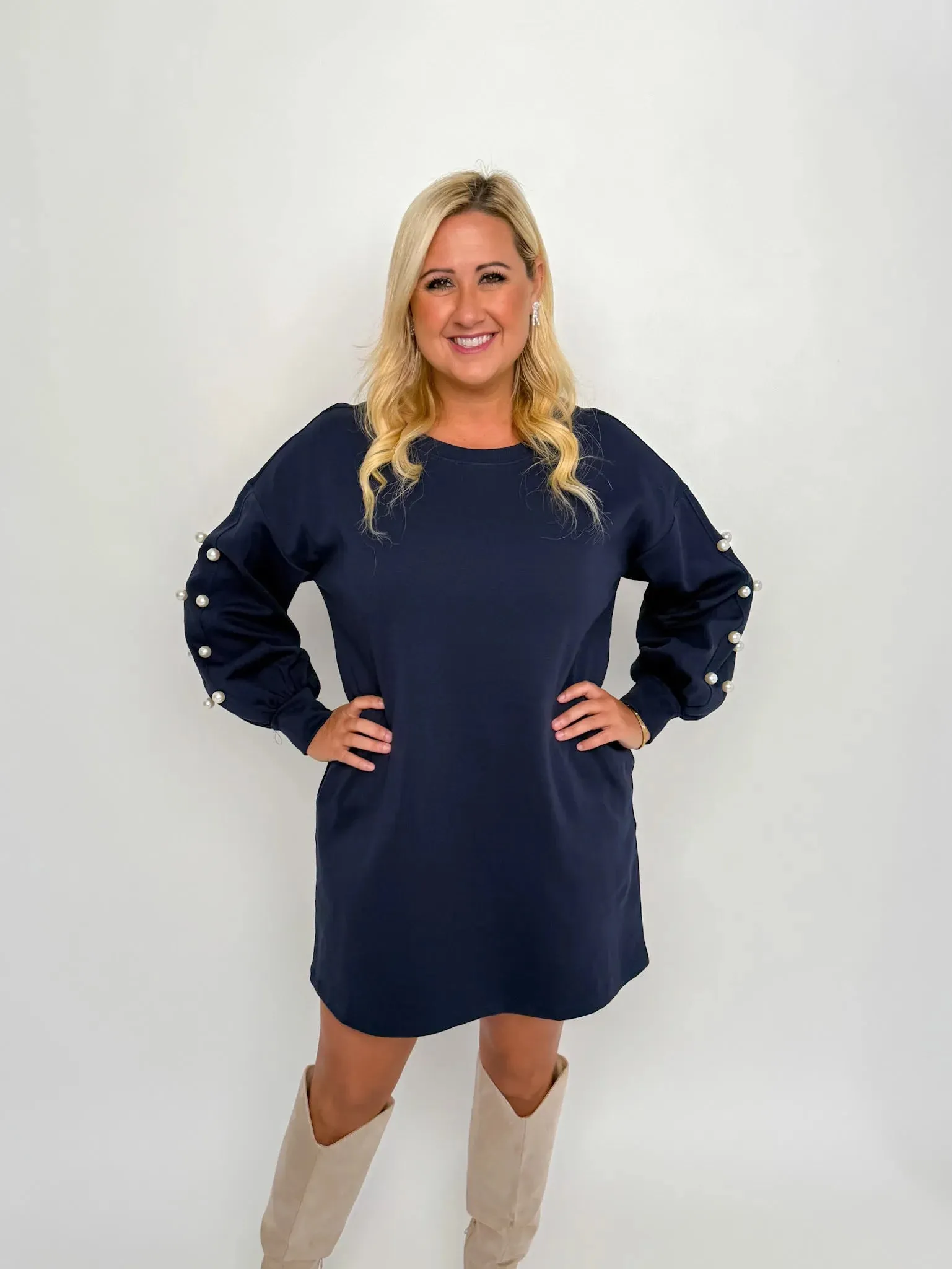 Navy Pearl Sleeve Sweater Dress