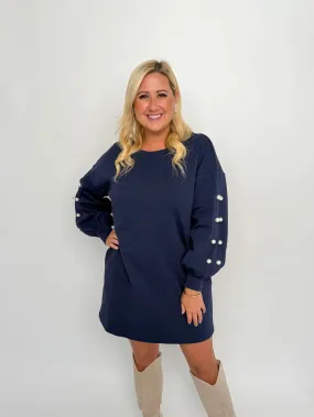 Navy Pearl Sleeve Sweater Dress