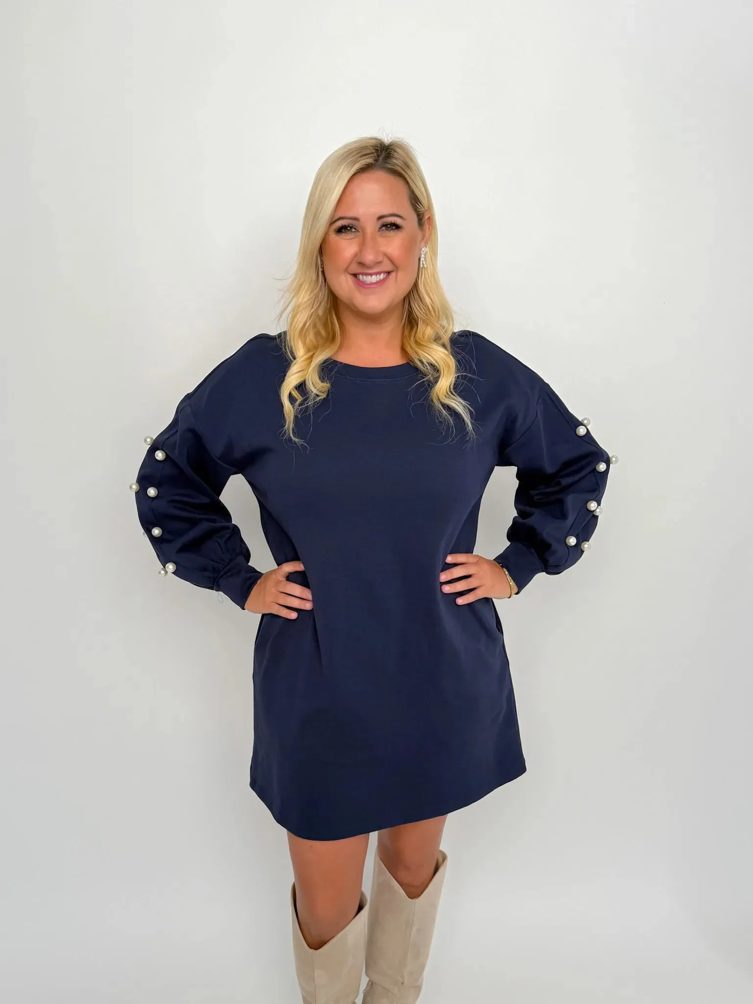 Navy Pearl Sleeve Sweater Dress