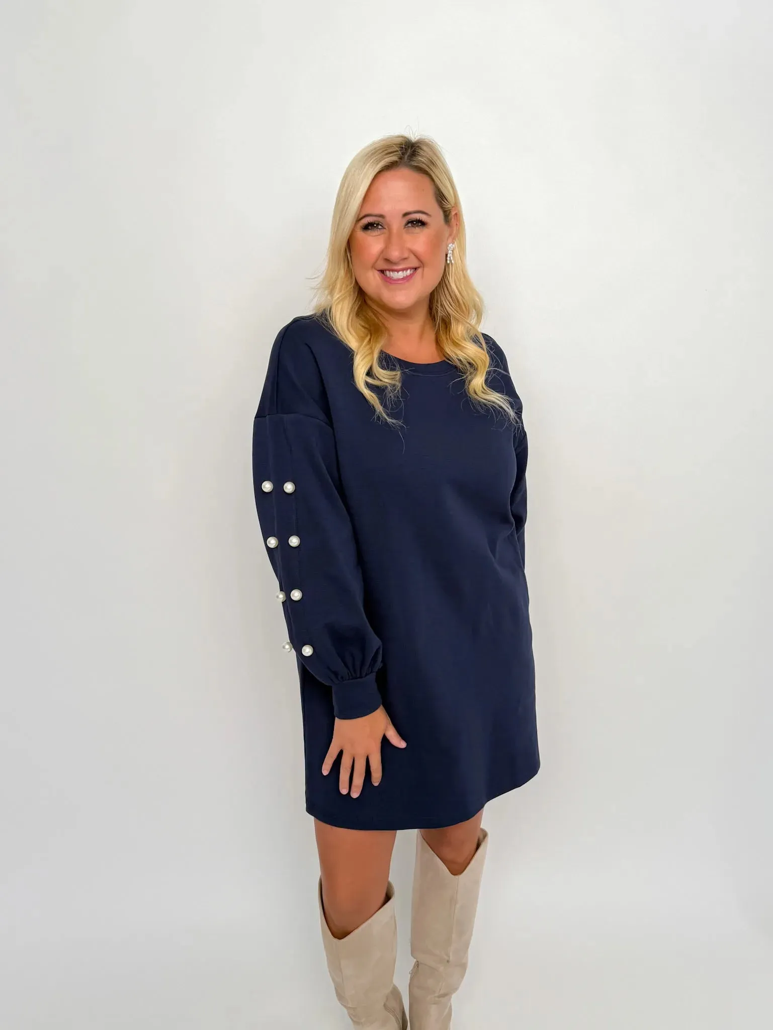 Navy Pearl Sleeve Sweater Dress