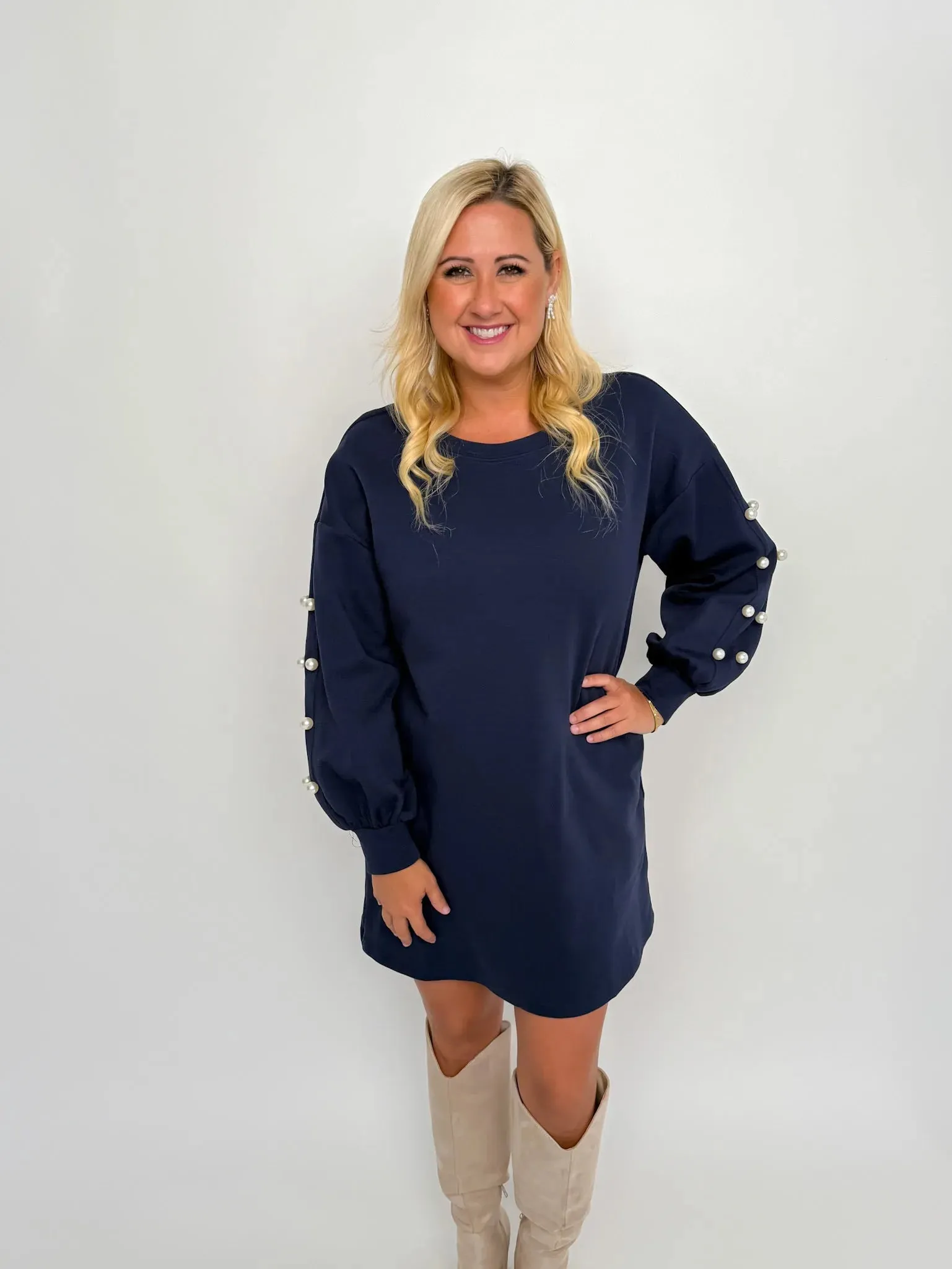 Navy Pearl Sleeve Sweater Dress