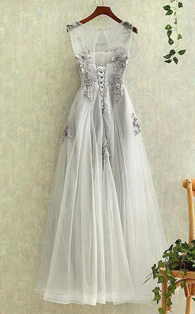 New Arrival A Line Charming gray tulle lace Sleeveless Open Back Applique Floor-Length prom dress,220041