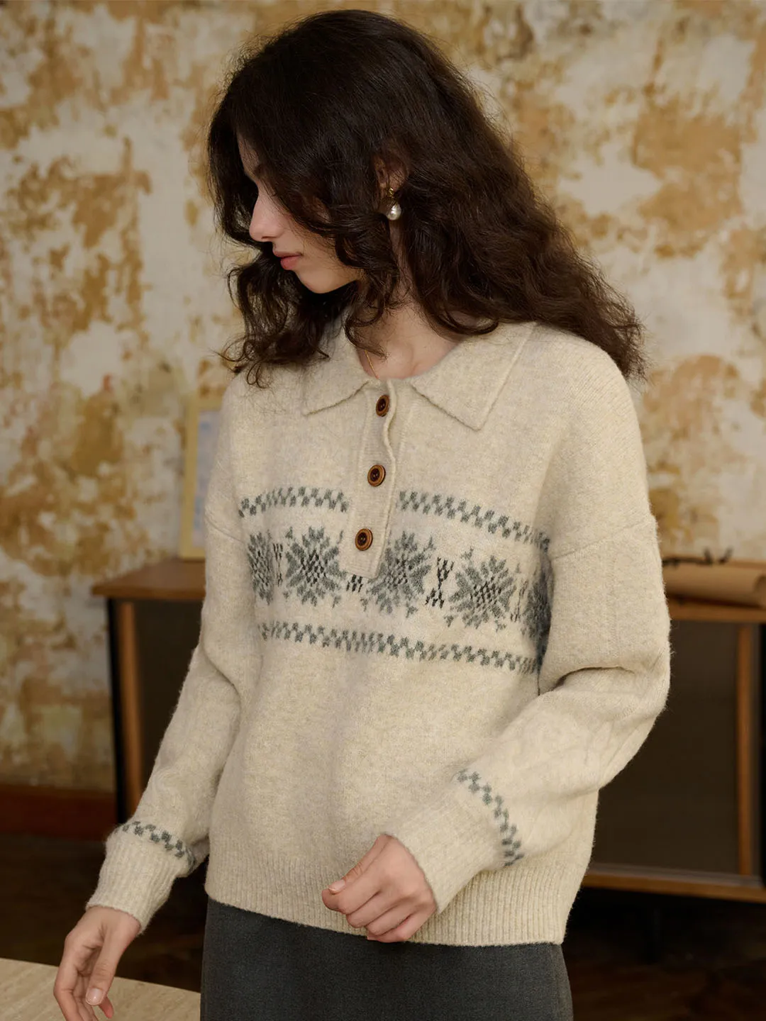 Norah Snowflake Jacquard Polo Fair Isle Knit Sweater-Grey