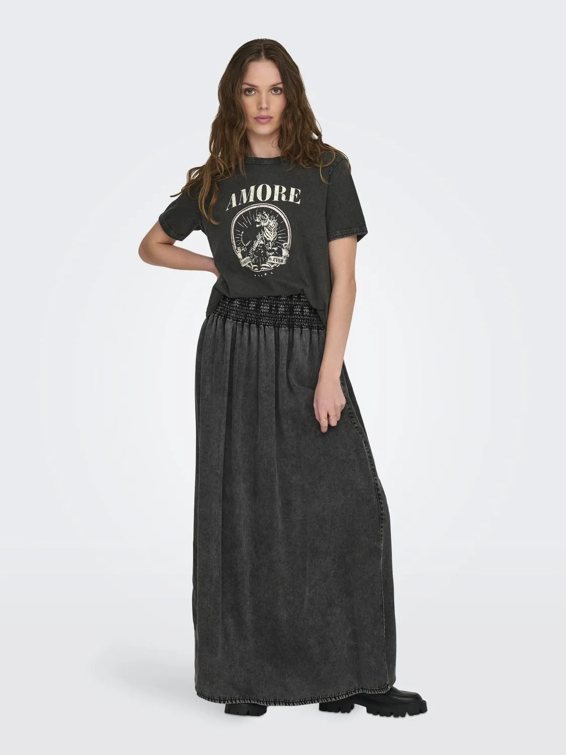 Only - Washed Black Denim Maxi Skirt