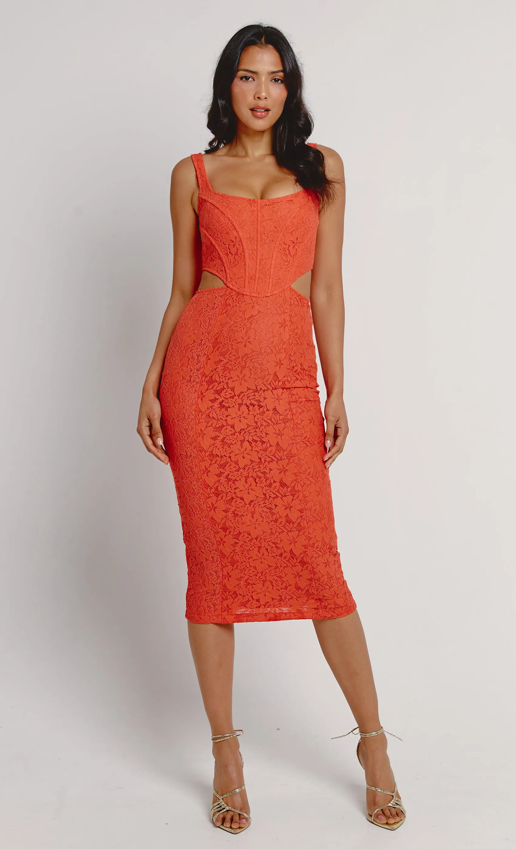 Orange Lace Corset Midi Dress