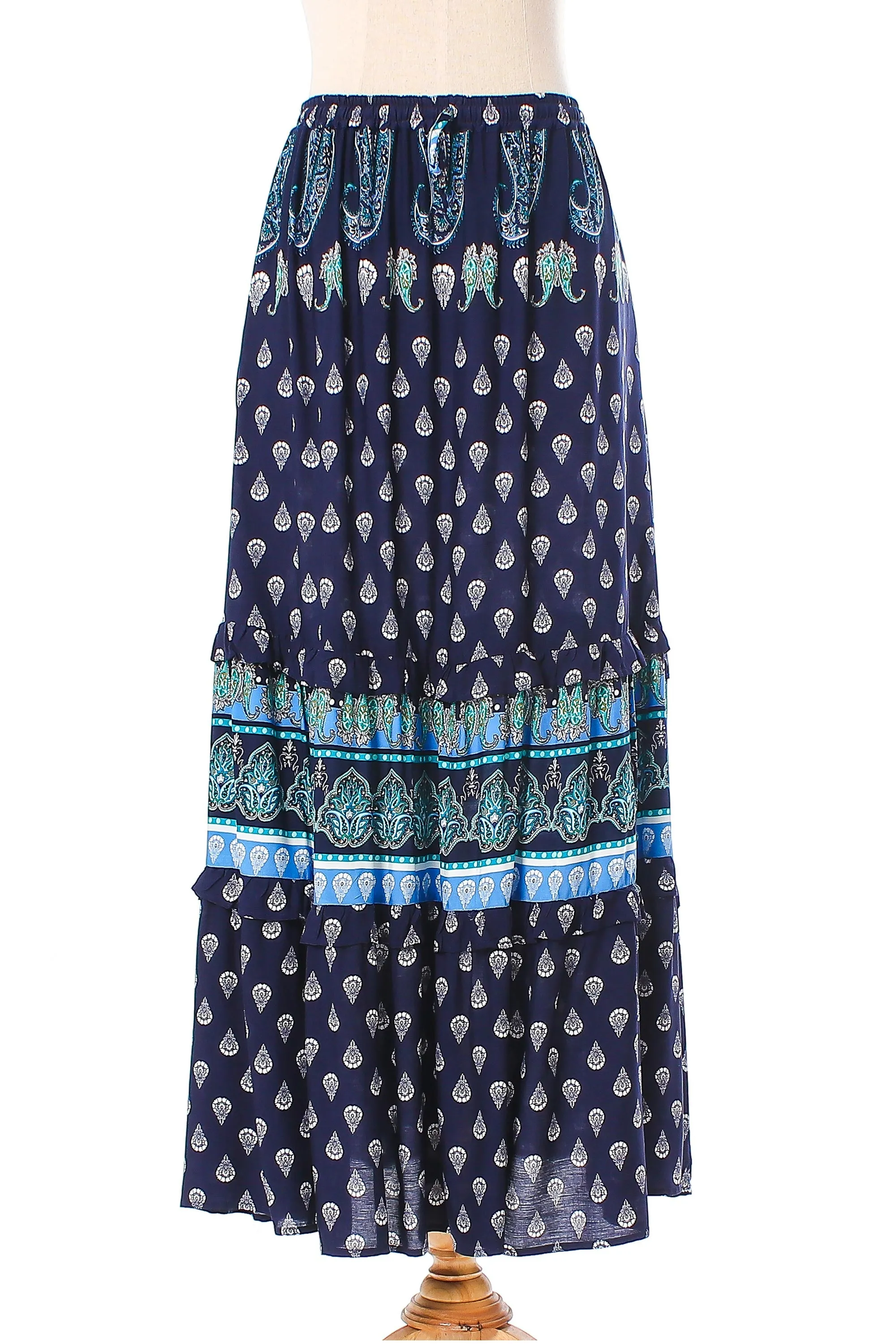 Paisley Motif Printed Rayon Skirt from Thailand - Navy Paisleys | NOVICA