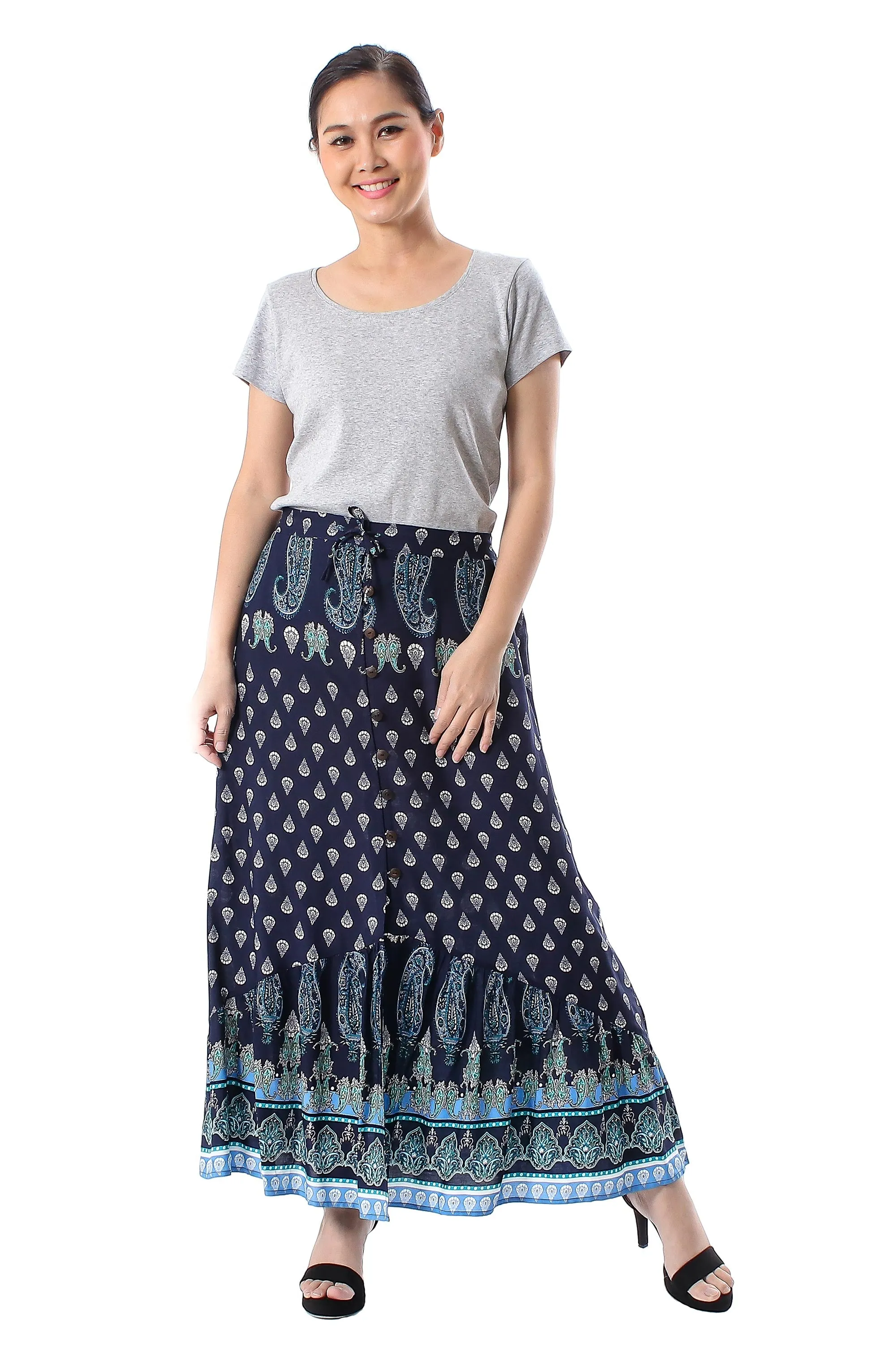 Paisley Motif Printed Rayon Skirt from Thailand - Navy Paisleys | NOVICA