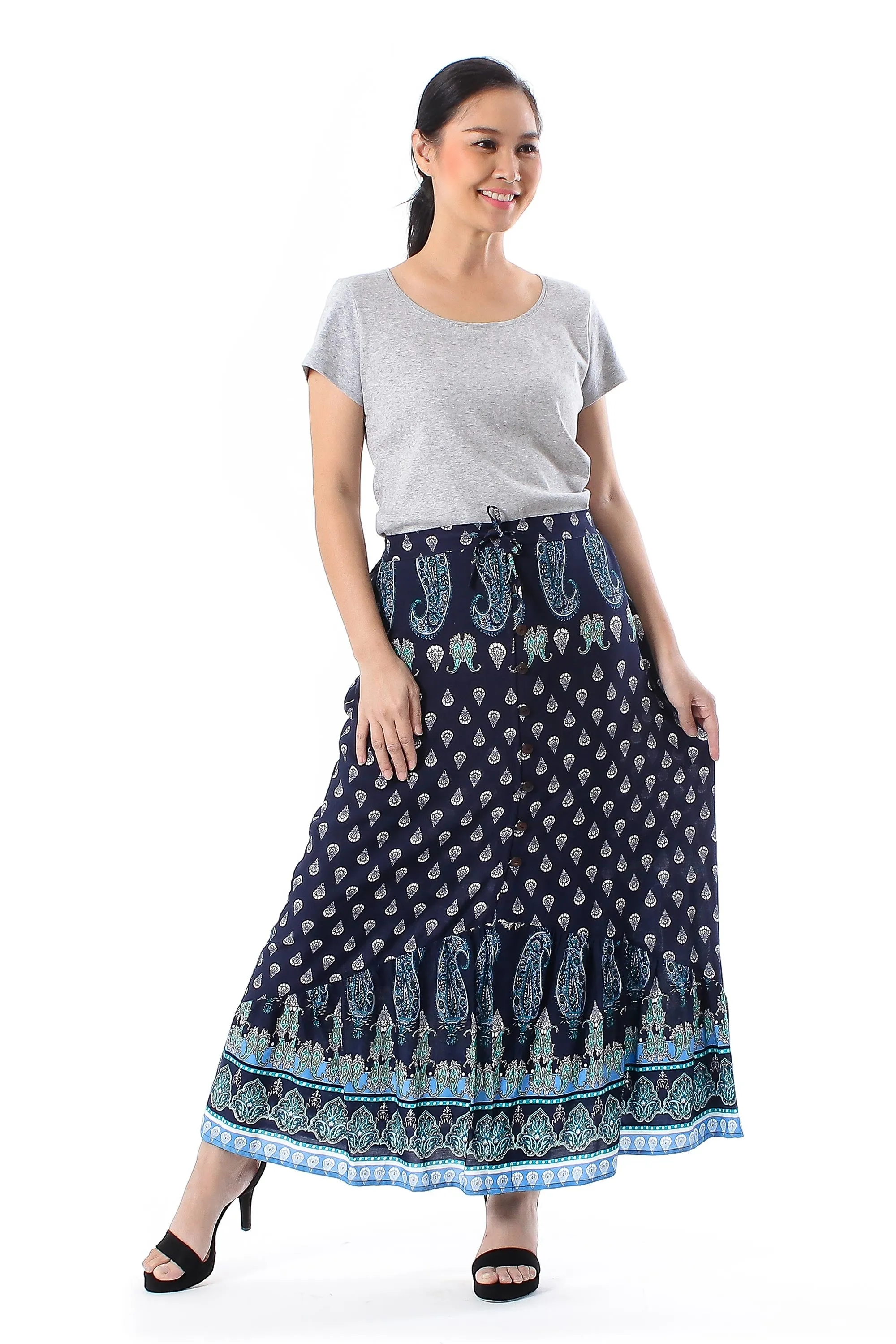 Paisley Motif Printed Rayon Skirt from Thailand - Navy Paisleys | NOVICA