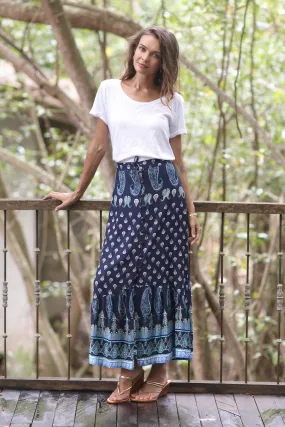 Paisley Motif Printed Rayon Skirt from Thailand - Navy Paisleys | NOVICA