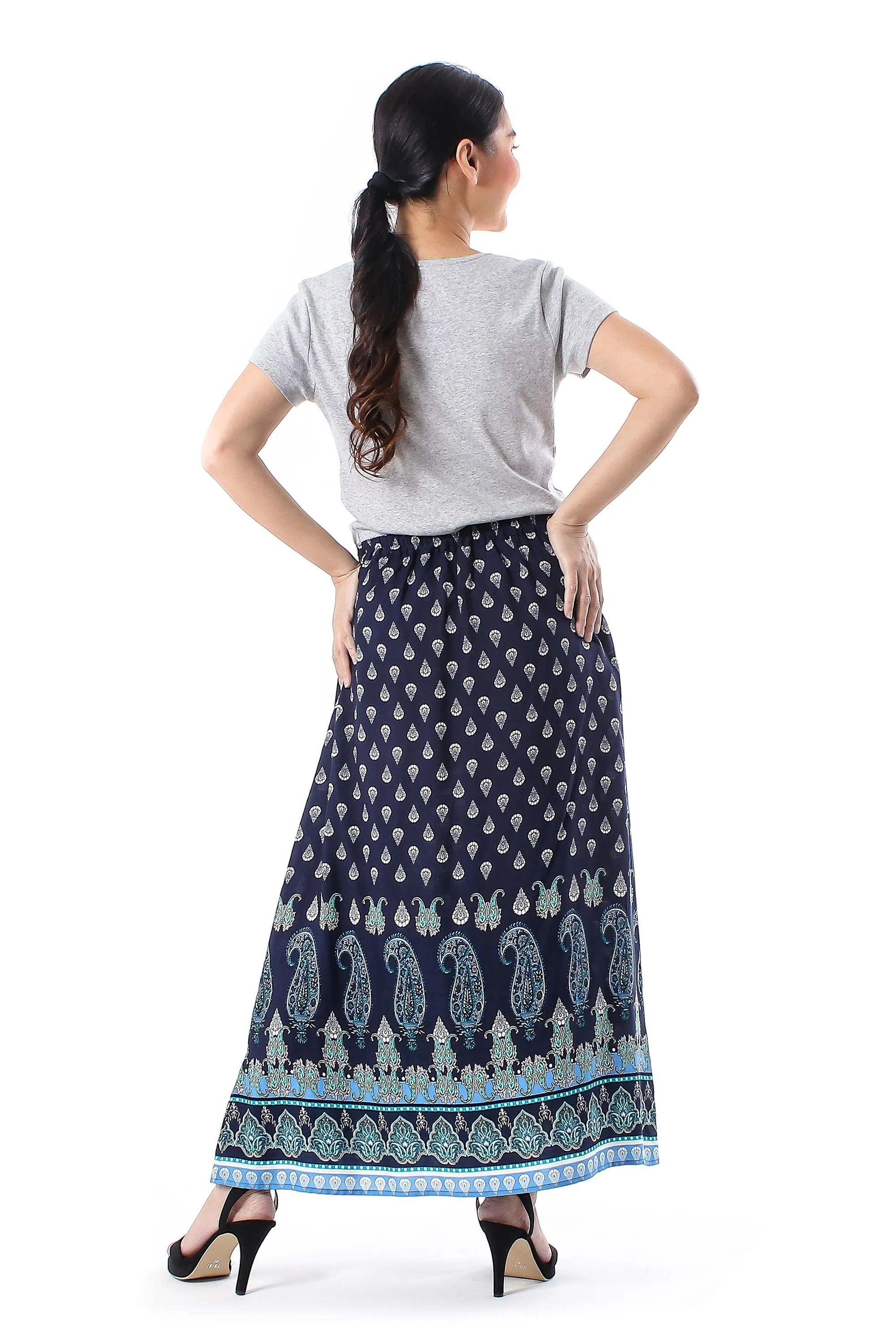 Paisley Motif Printed Rayon Skirt from Thailand - Navy Paisleys | NOVICA