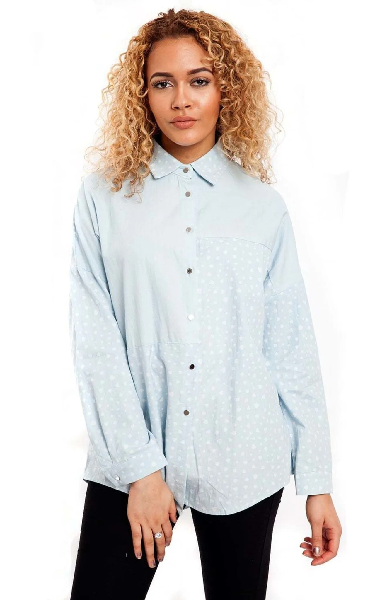 Pale Blue Denim Panel Heart Print Shirt