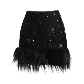 Patchwork Feathers Hem Skirt For Women High Waist A Line Sequins Minimalist Summer Mini Skirts Female Clothing