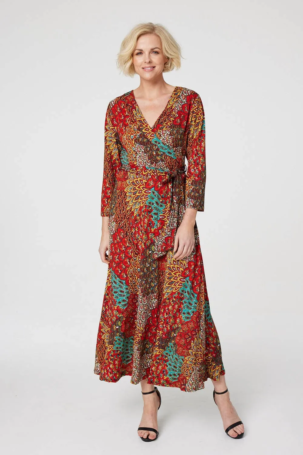 Peacock Print Wrap Maxi Dress