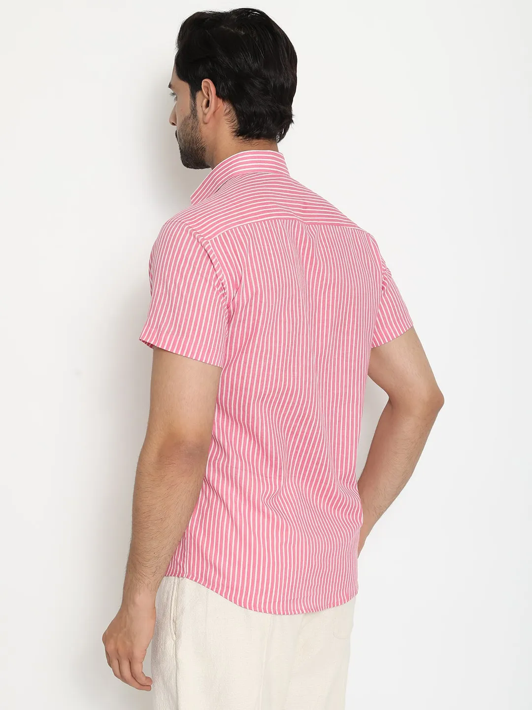 Pink Short Sleeve Cotton Hand Block Printed Men’s Shirt