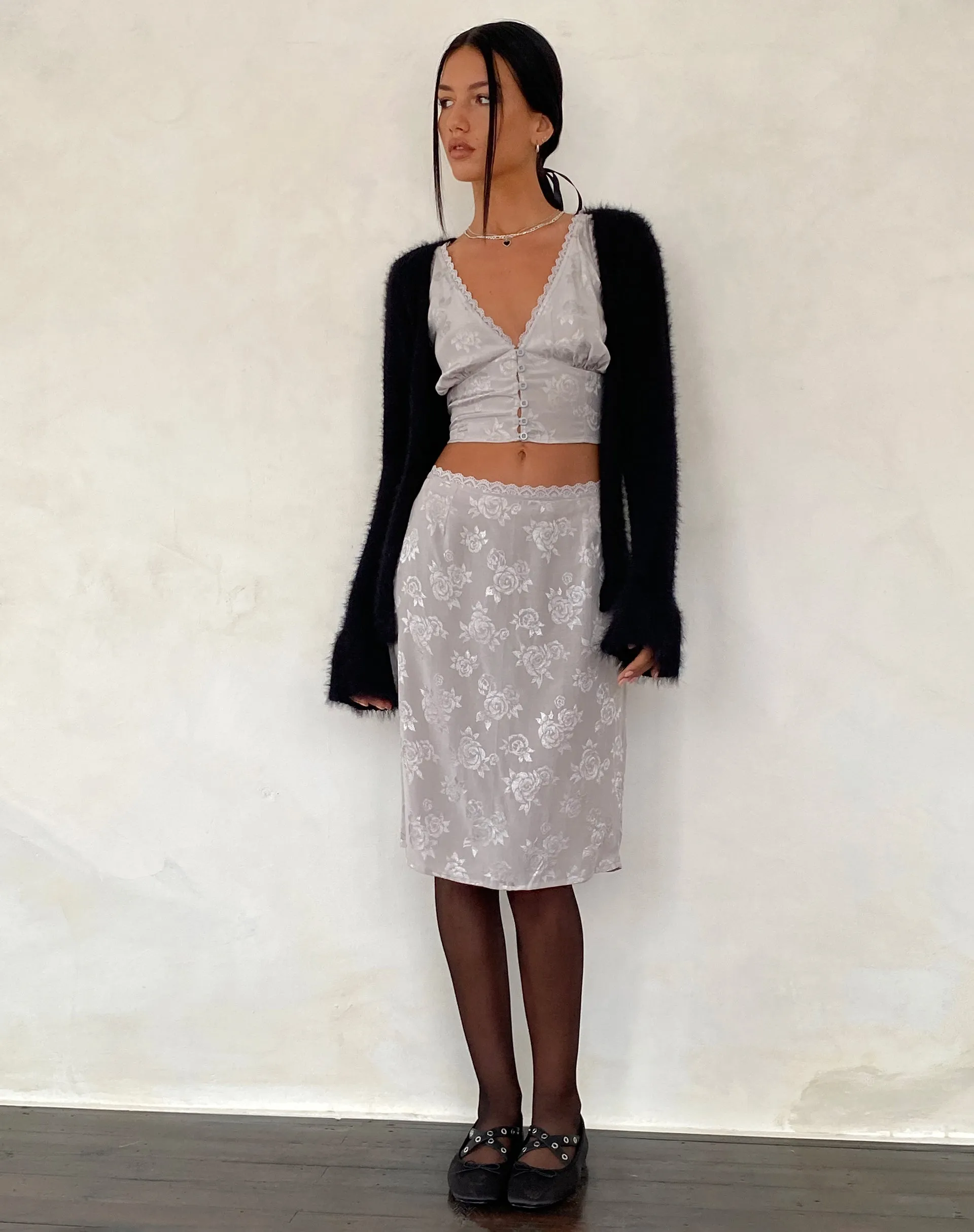 Piyeto Midi Skirt in Satin Rose Silver Grey