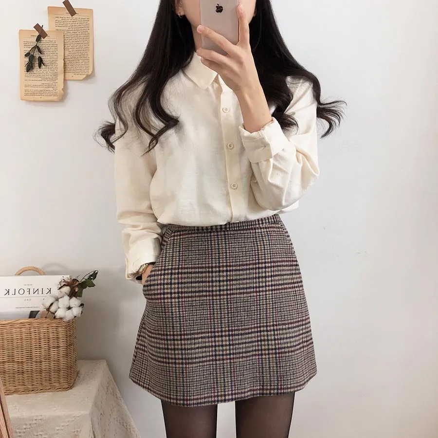 Plaid Mini Vintage High Waist Straight Short Skirt and Shirt