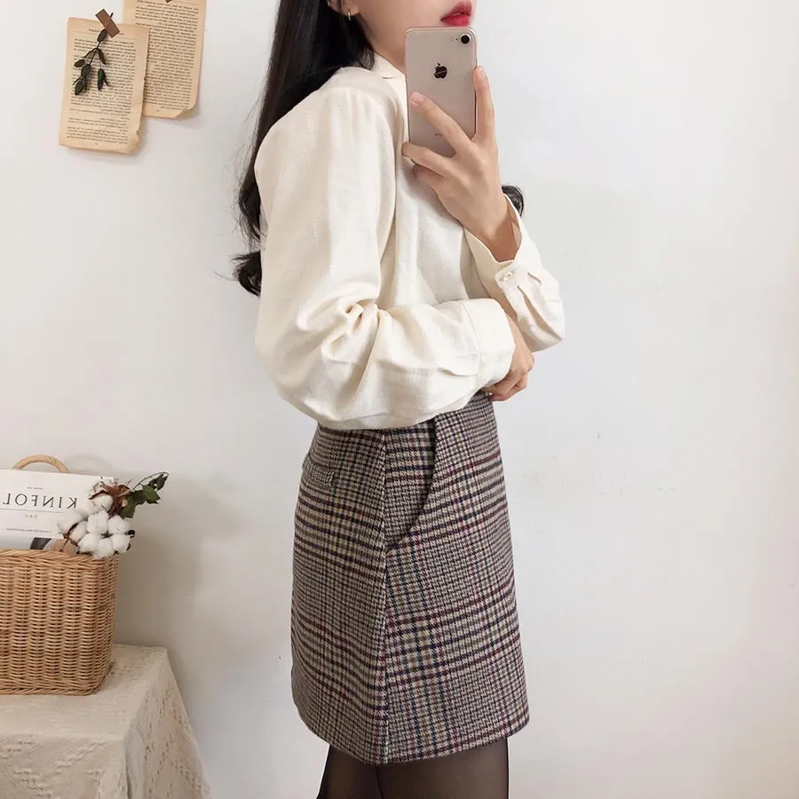 Plaid Mini Vintage High Waist Straight Short Skirt and Shirt