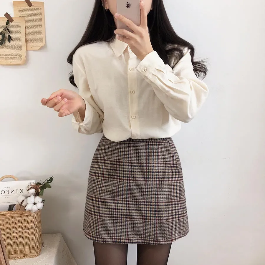 Plaid Mini Vintage High Waist Straight Short Skirt and Shirt