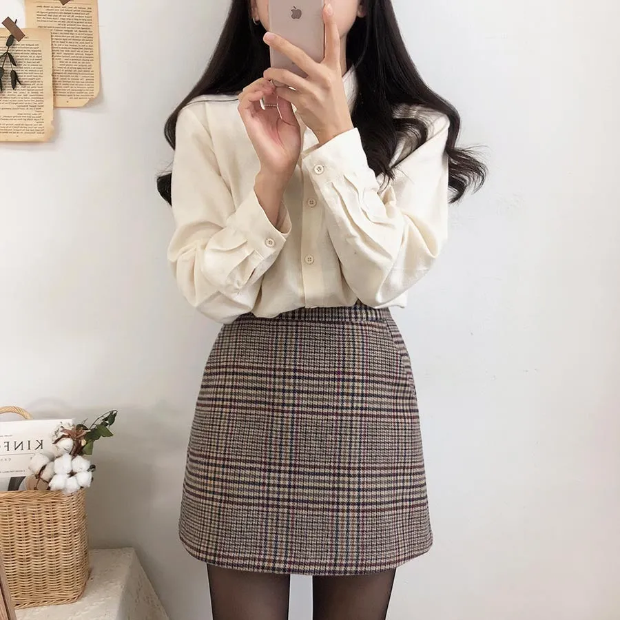 Plaid Mini Vintage High Waist Straight Short Skirt and Shirt