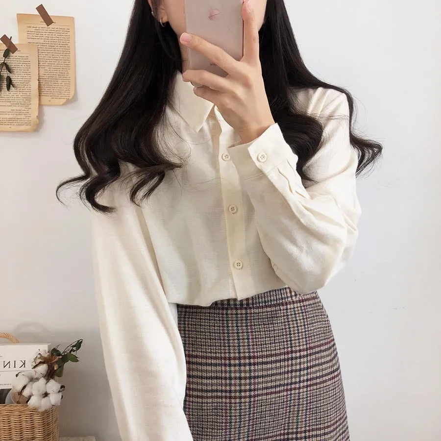 Plaid Mini Vintage High Waist Straight Short Skirt and Shirt