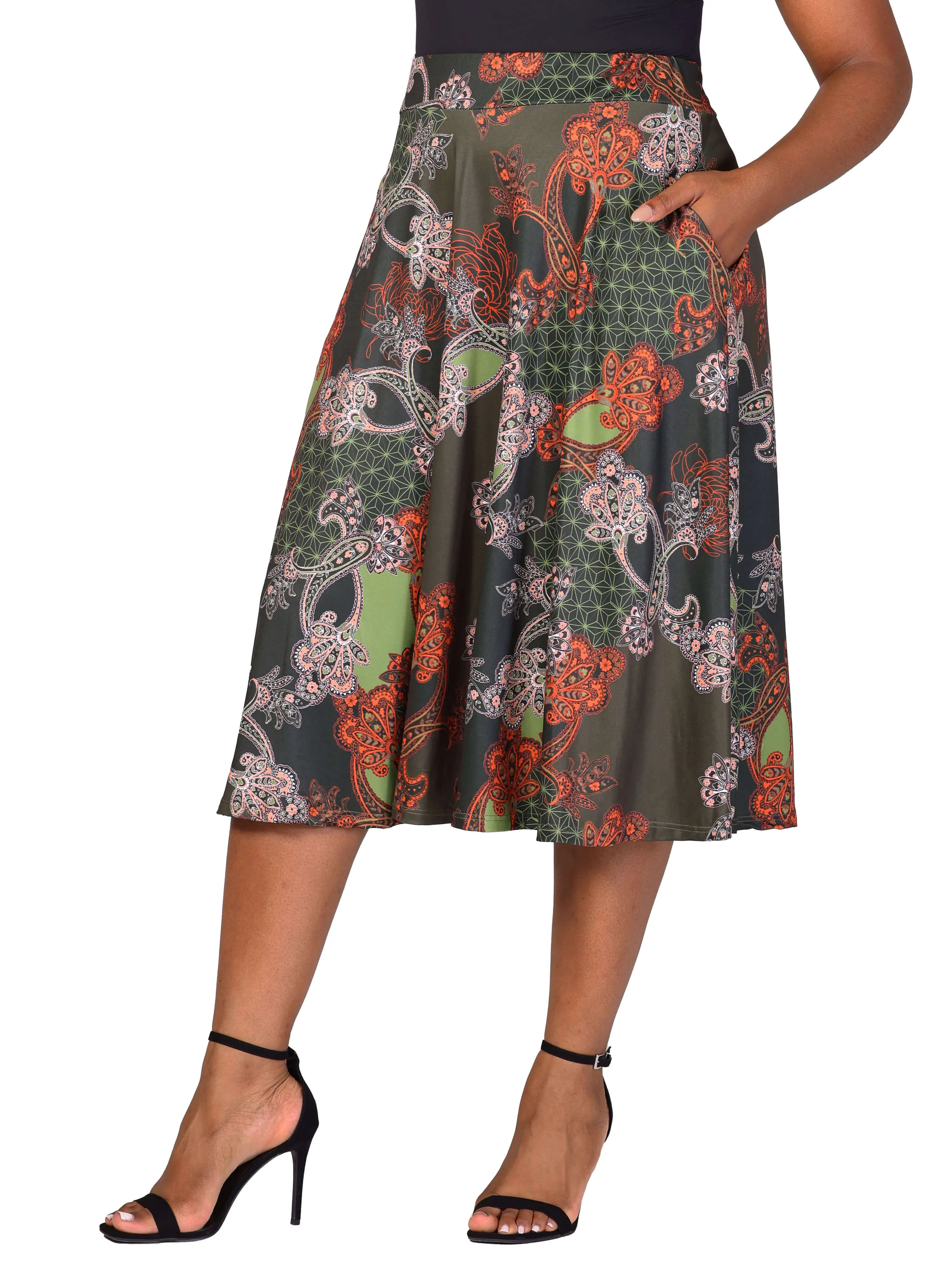 Plus Size Green Print Elastic Waist Pocket Midi Skirt