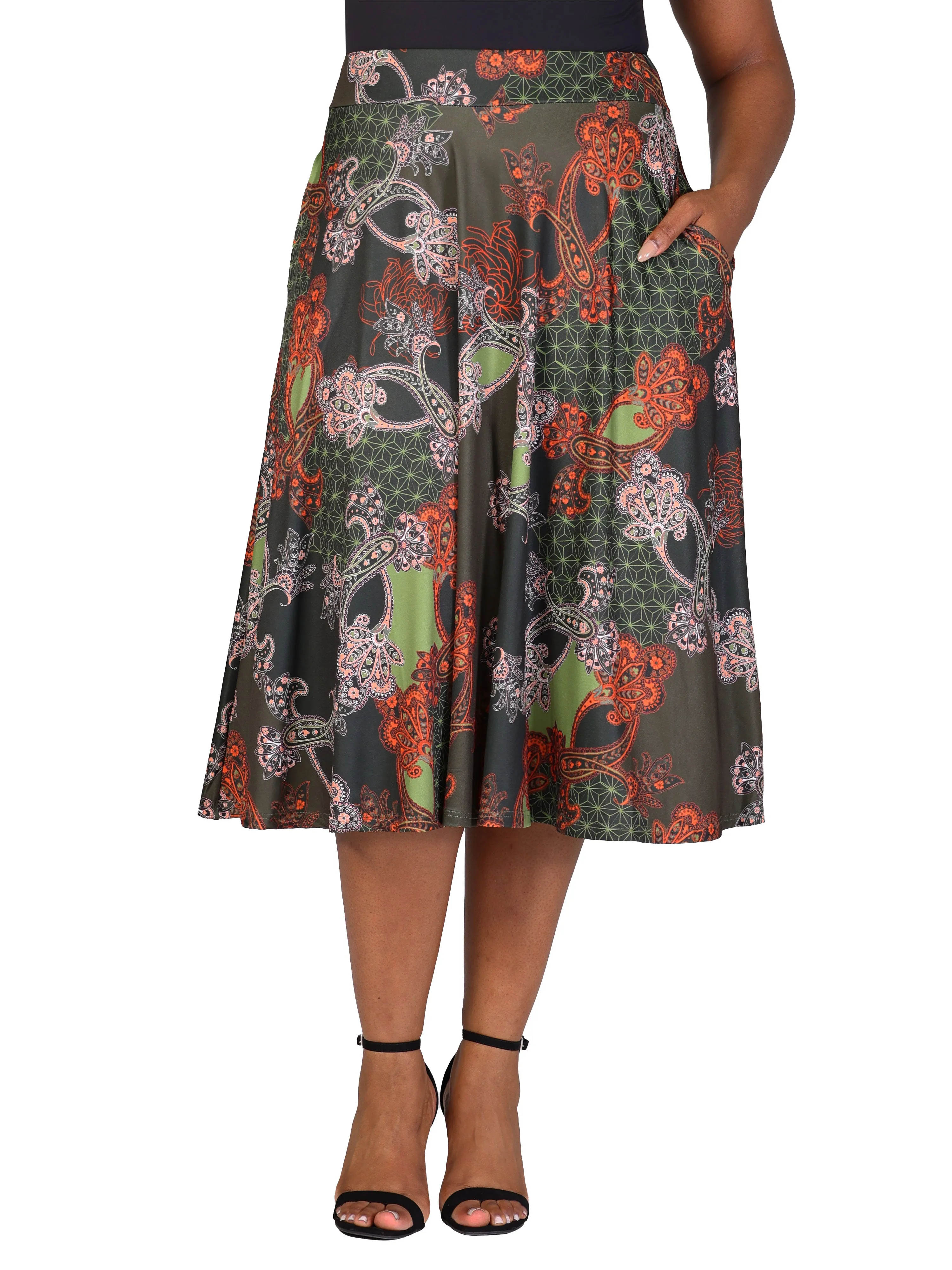 Plus Size Green Print Elastic Waist Pocket Midi Skirt