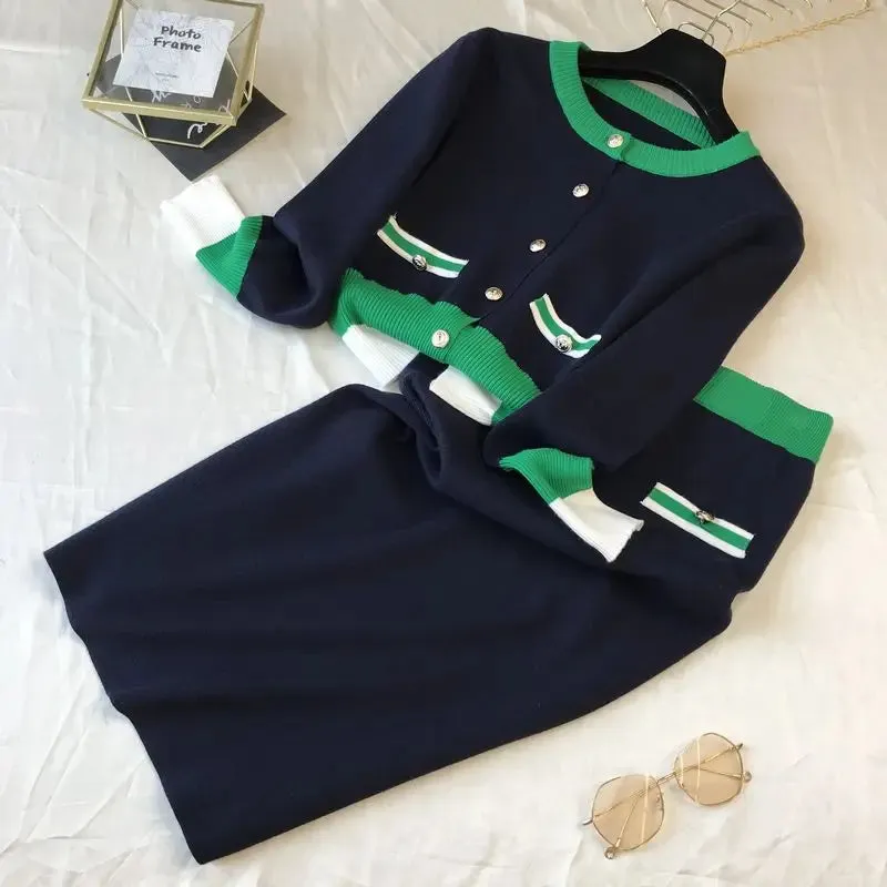 Pre Order:  Casual Knitted Cardigan   Slim Fit Skirt Set