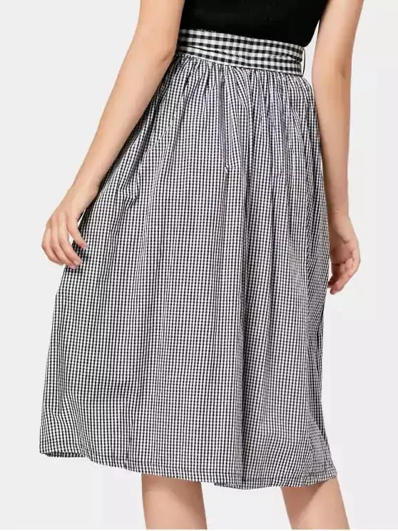 Pretty Belted Checked Midi A Line Skirt