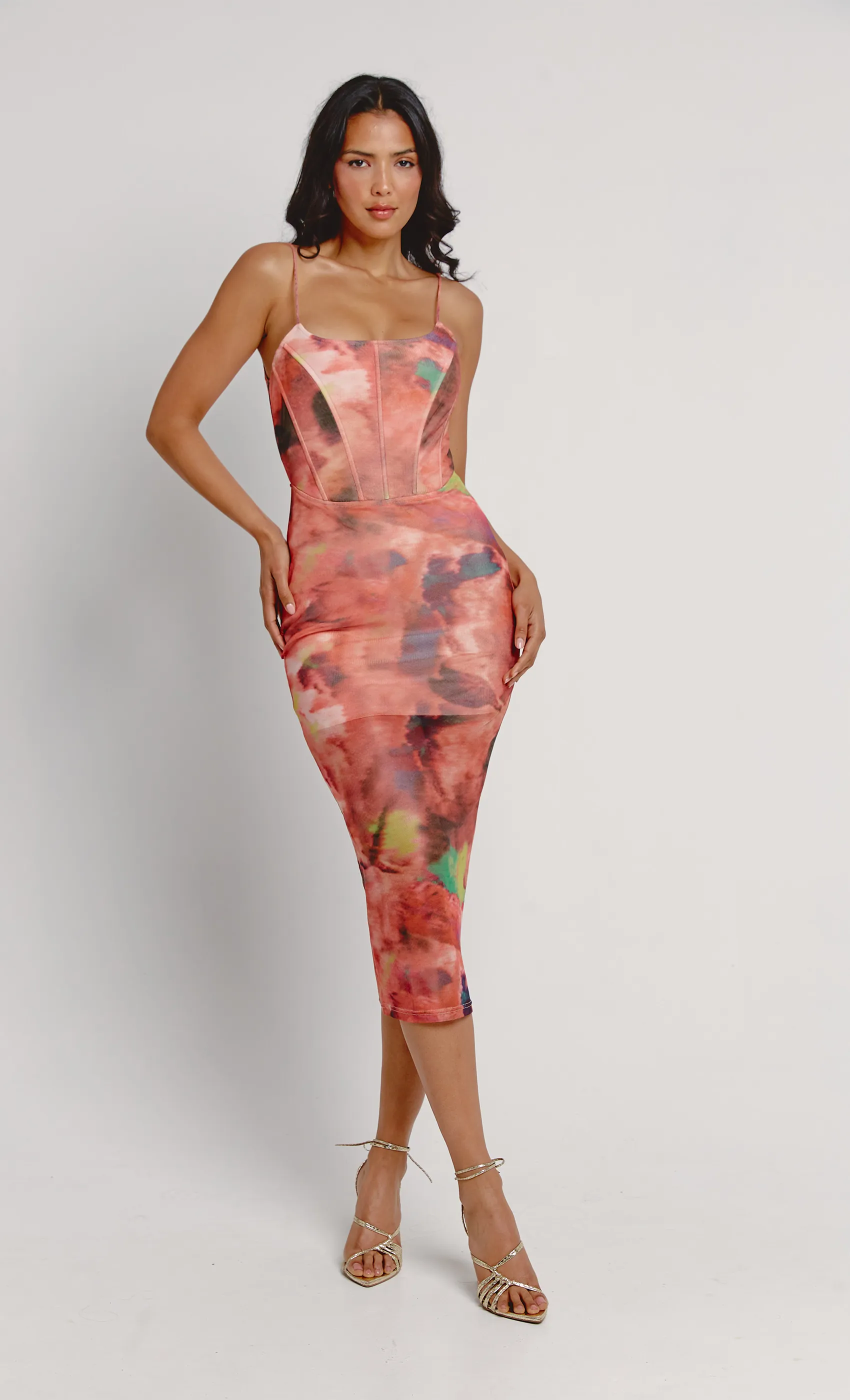 Print Corset Mesh Midi Dress