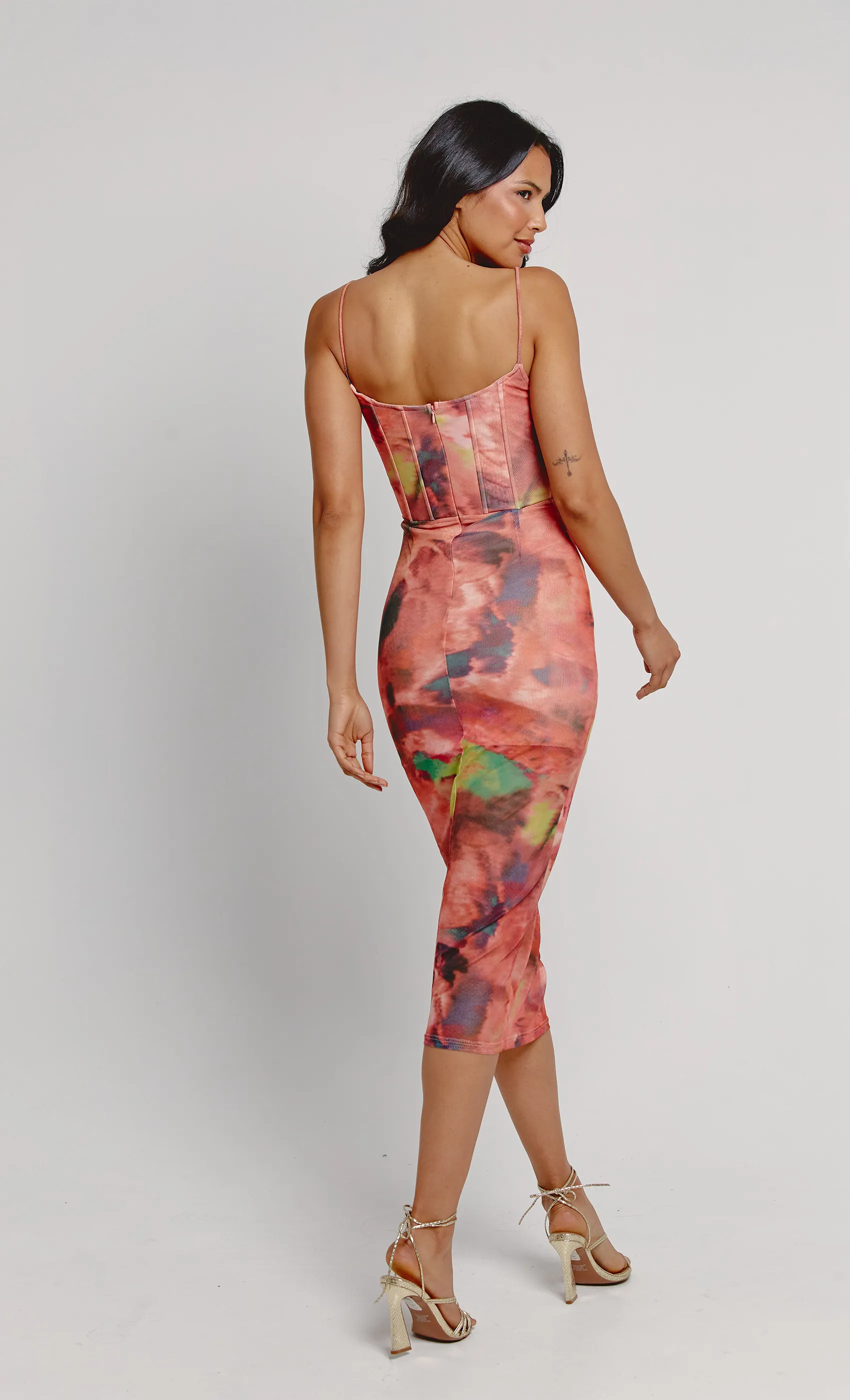 Print Corset Mesh Midi Dress