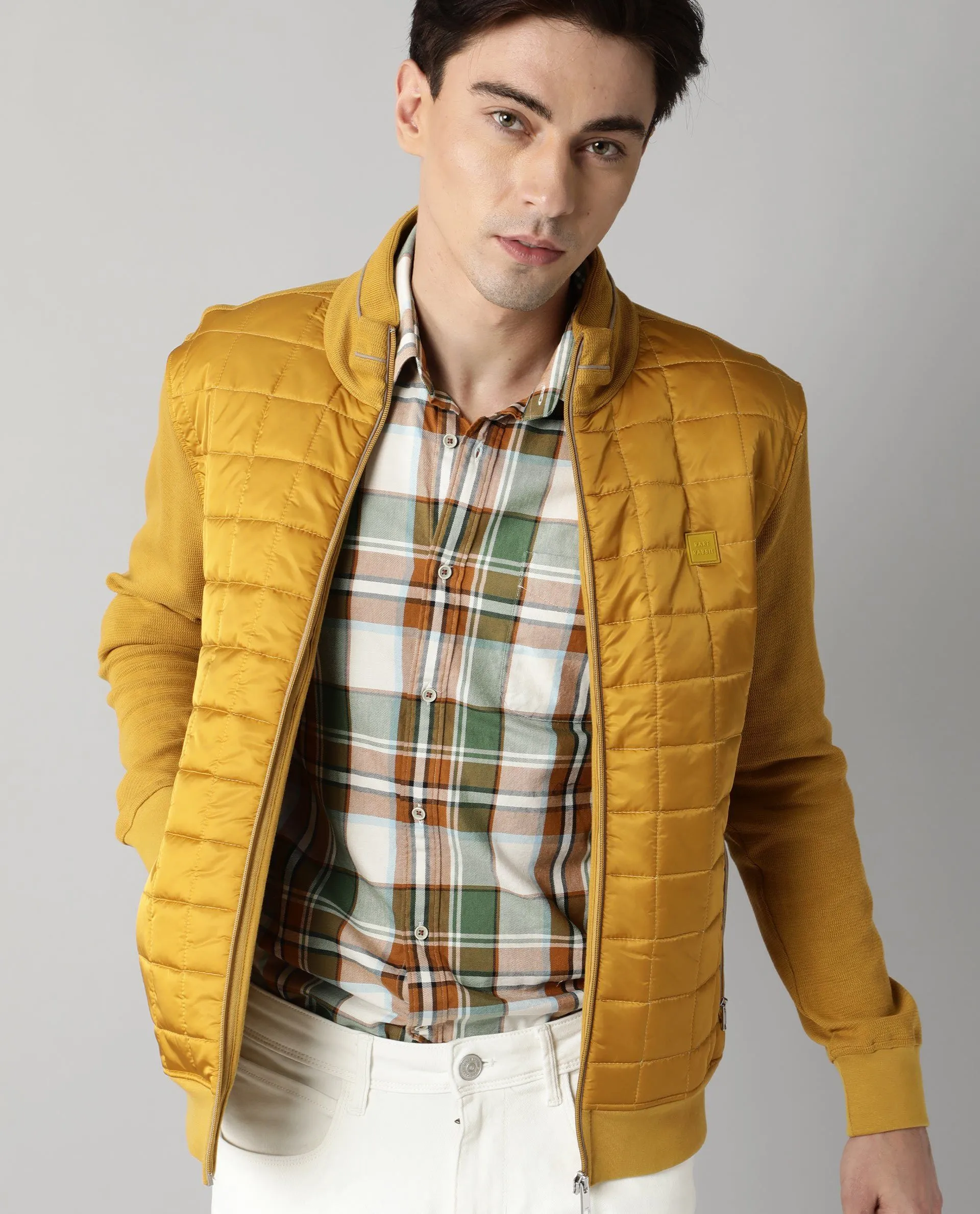 Rare Rabbit Men's Kneto Primary Mustard Mock Collar Puffer Jacket