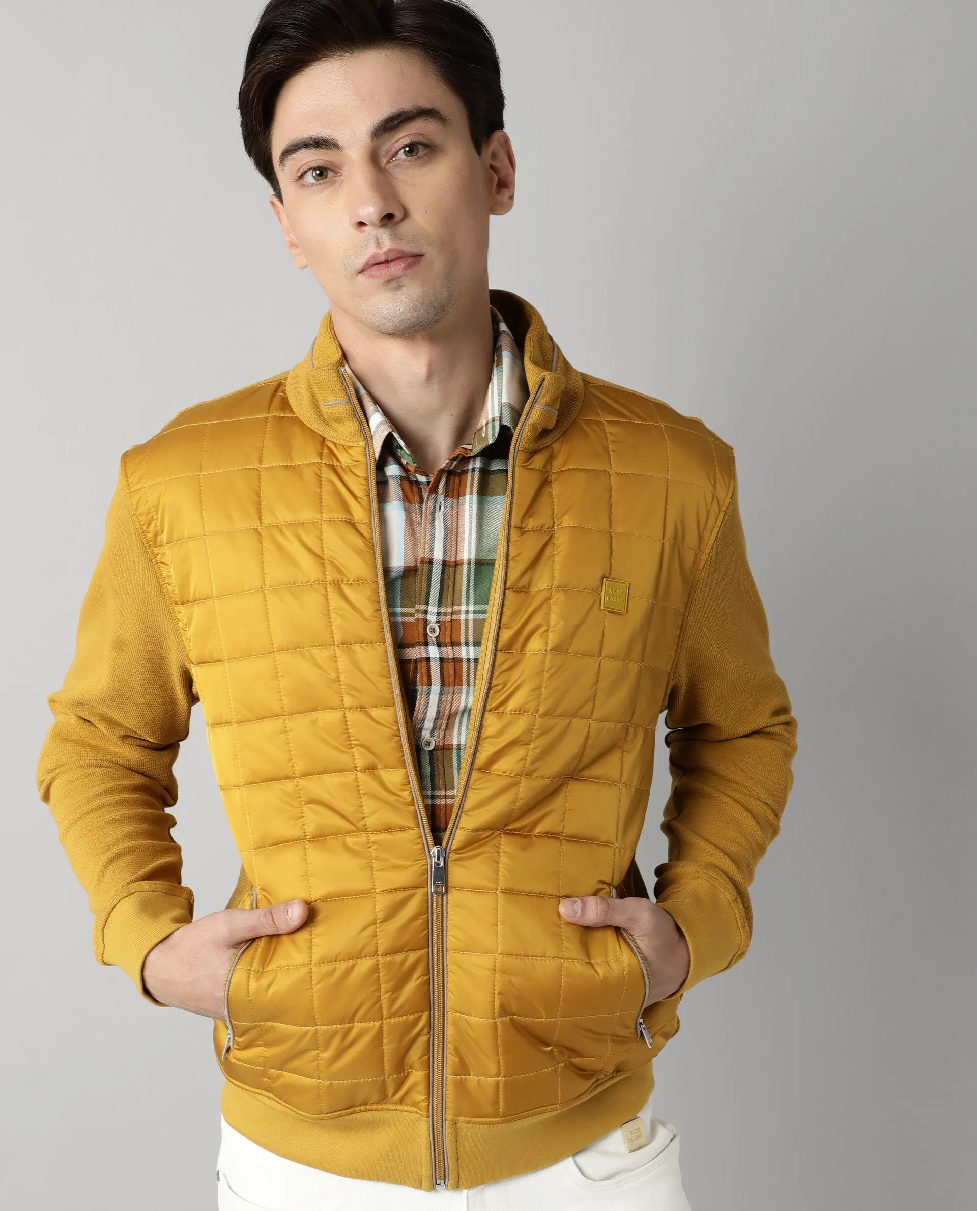 Rare Rabbit Men's Kneto Primary Mustard Mock Collar Puffer Jacket